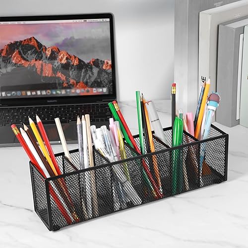 Miniatura 5 de Organizador de escritorio de malla de metal negro, 2 unidades, soporte para bolígrafos, 6 compartimentos, soporte para lápices para escritorio,