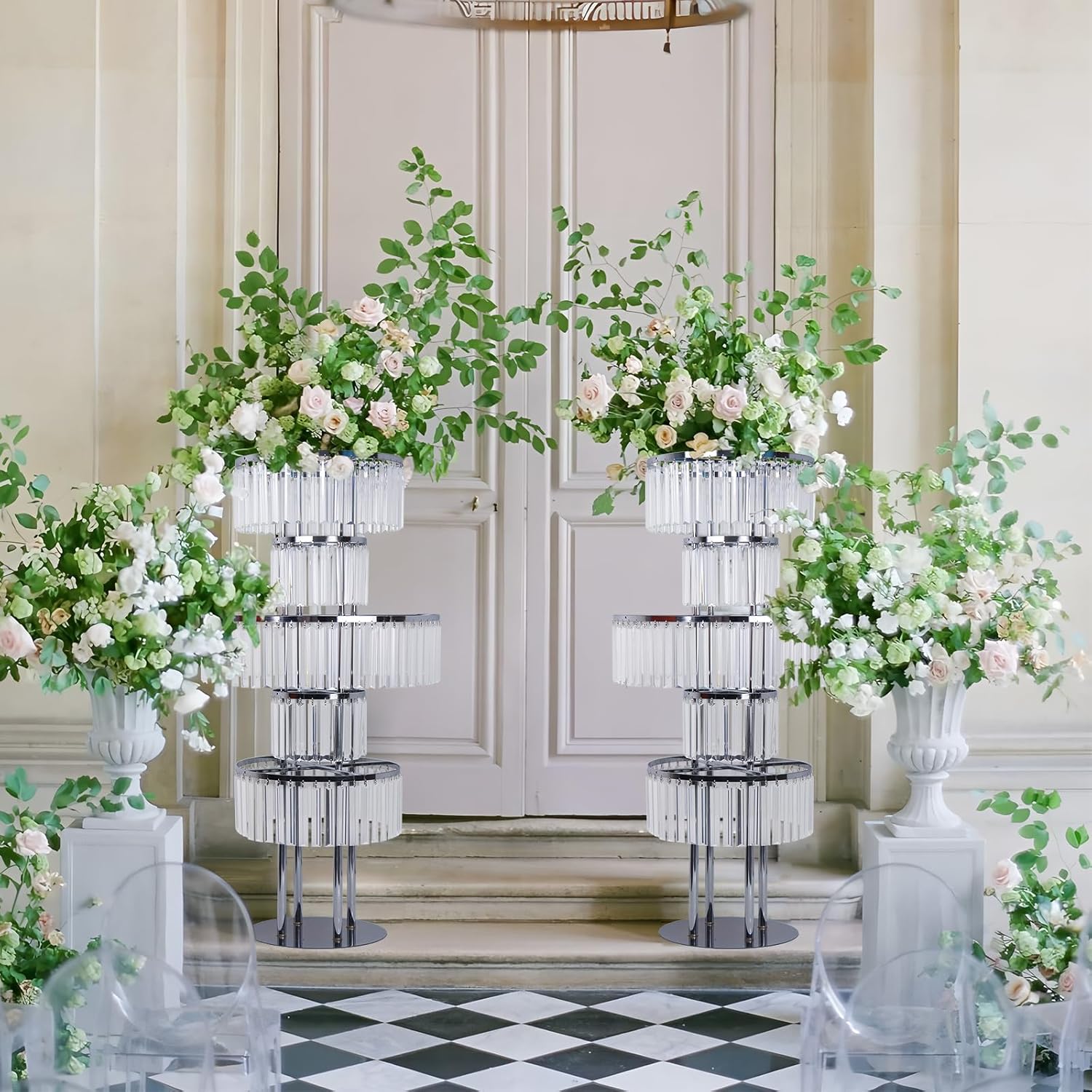 2PCS Wedding Flower Stand Centerpieces/Sparkling Genuine Crystal Pendants - 5-Tier Heavy-Duty Chandelier Base for Banquet Aisle/T-Stage, Not Acrylic