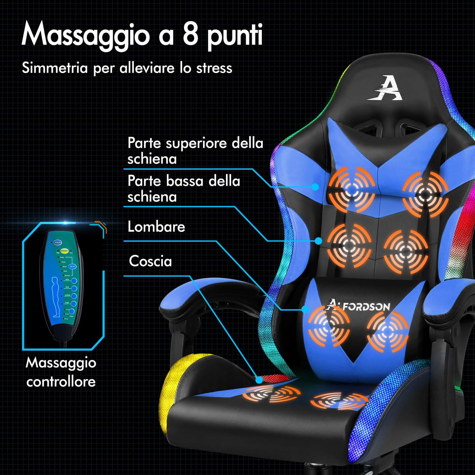 ALFORDSON Sedia Gaming con Massaggiante e Luci LED,Sedia Ergonomica Gamer per Scrivania,Poltrona Regolabile in Altezza con Supporto Lombare Poggiatesta,Schienale Regolabile 90-150°, Similpelle(Blu)