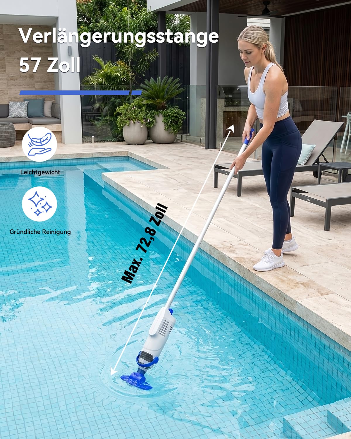 Akku Poolsauger mit 36,8 kPa Saugleistung, 5000 mAh Akku, 60 Min Laufzeit, 18 GPM, 2 Saugmodi, 300/500 μm Filter, Steckstange bis 1,85 m (max. Länge), für Pool & Spa