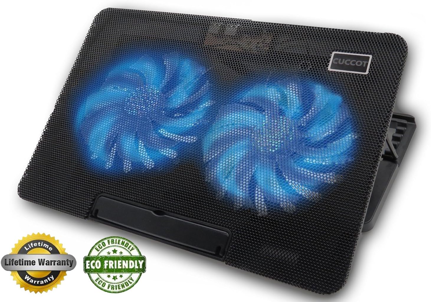 CUCCOT 11-15.6 inches Portable Laptop Cooling Pad/Chill Mat with Dual 140mm Blue LED Fans & Dual USB Ports/Notebook Stand with 6 - Level Adjustable Height - Black