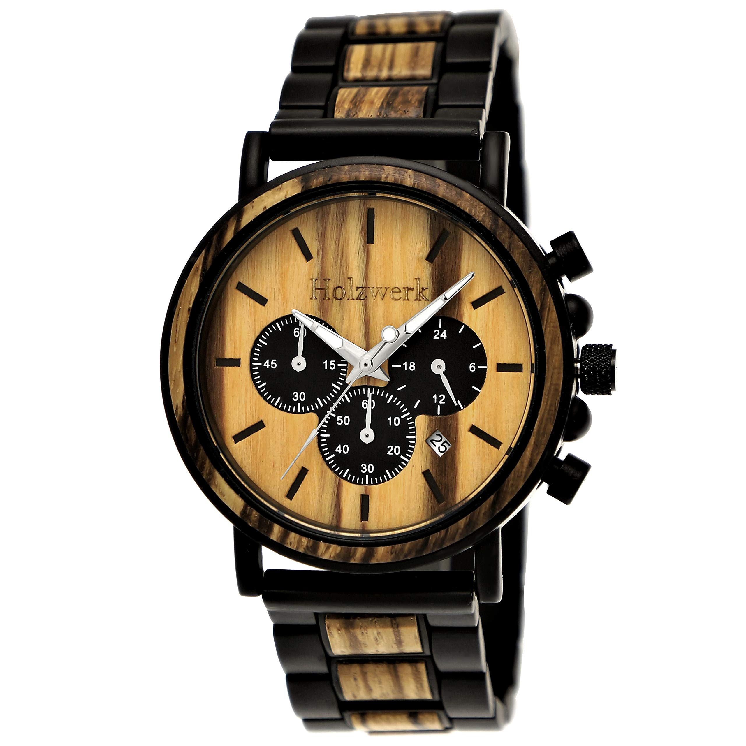 Handmade Holzwerk Germany® Designer męski zegarek ekologiczny naturalny drewniany zegarek chronograf zegarek na rękę analogowy zegarek kwarcowy brązowy czarny data drewno cyferblat,