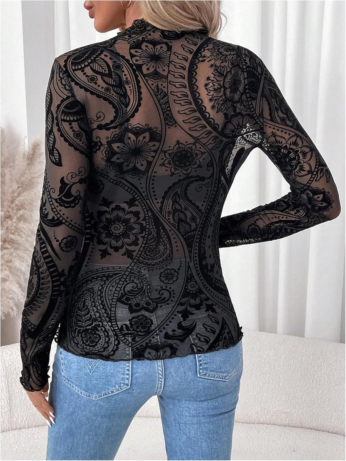 Floerns Women's Elegant Paisley Long Sleeve T Shirt Mock Neck Sheer Mesh Tops - Image 2