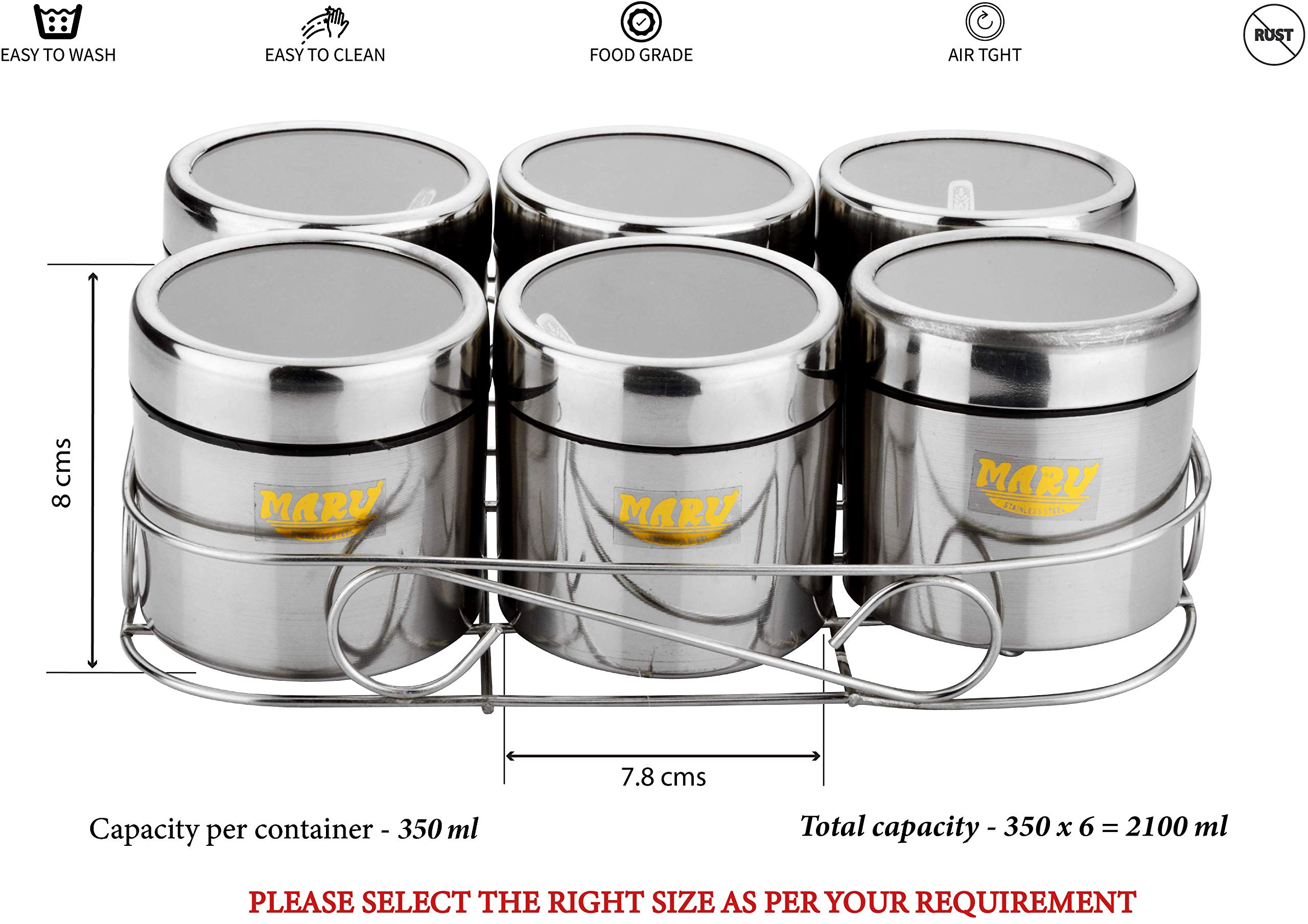 MARU Stainless Steel Masala Container for Kitchen, Multipurpose Organizer with Wire Stand & 6 Spoon Set, Spice Storage box, Durable Kitchen Storage Solutions for Spices and Essentials 350ml each - Image 2 thumbnail