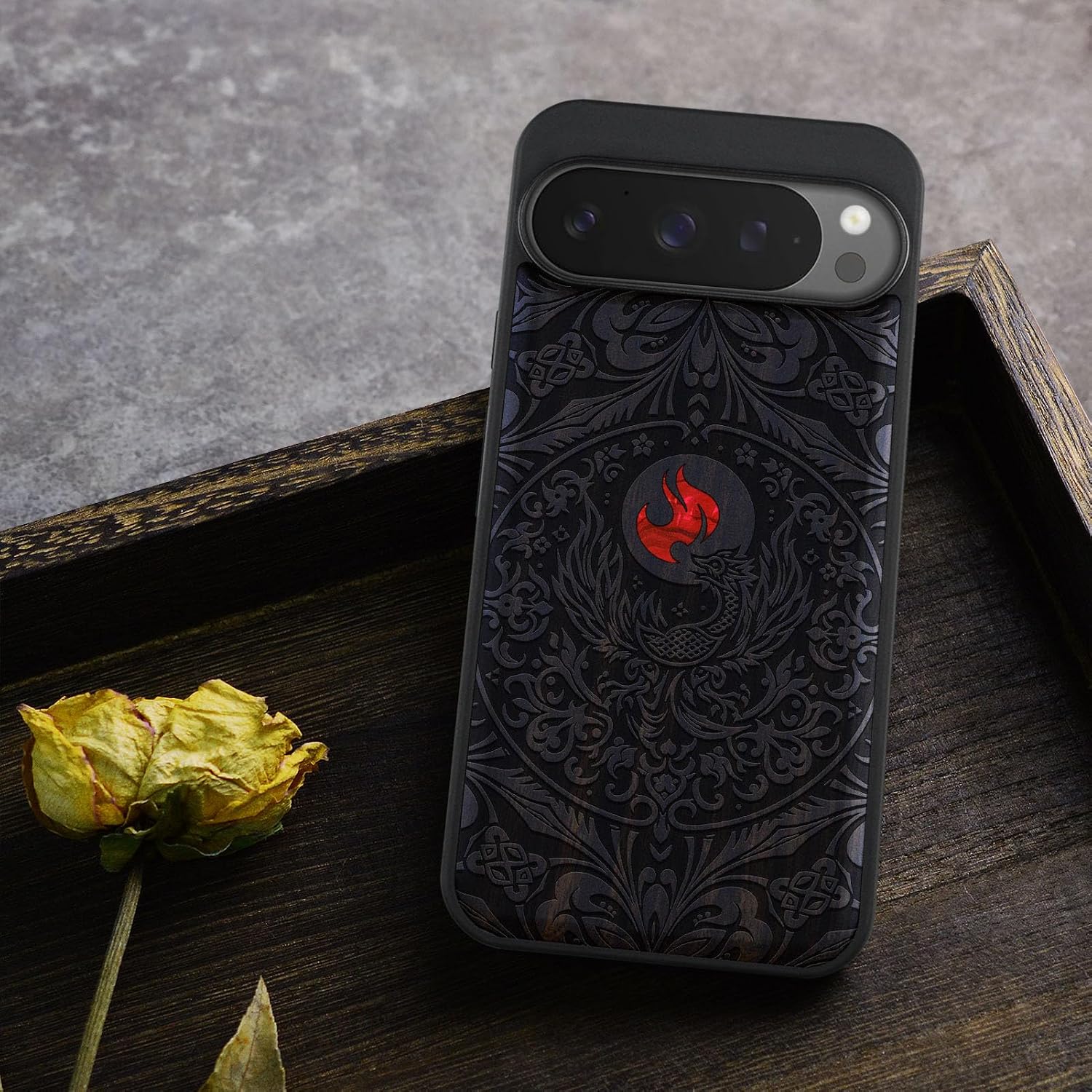 Carveit Magnetic Wooden Case for Google Pixel 9 Pro XL Case, Wood Artisan Engraved & Handmade Shell Inlaid, Compatible with MagSafe Wireless Chargers, The Phoenix Mandala of Renewal - Blackwood