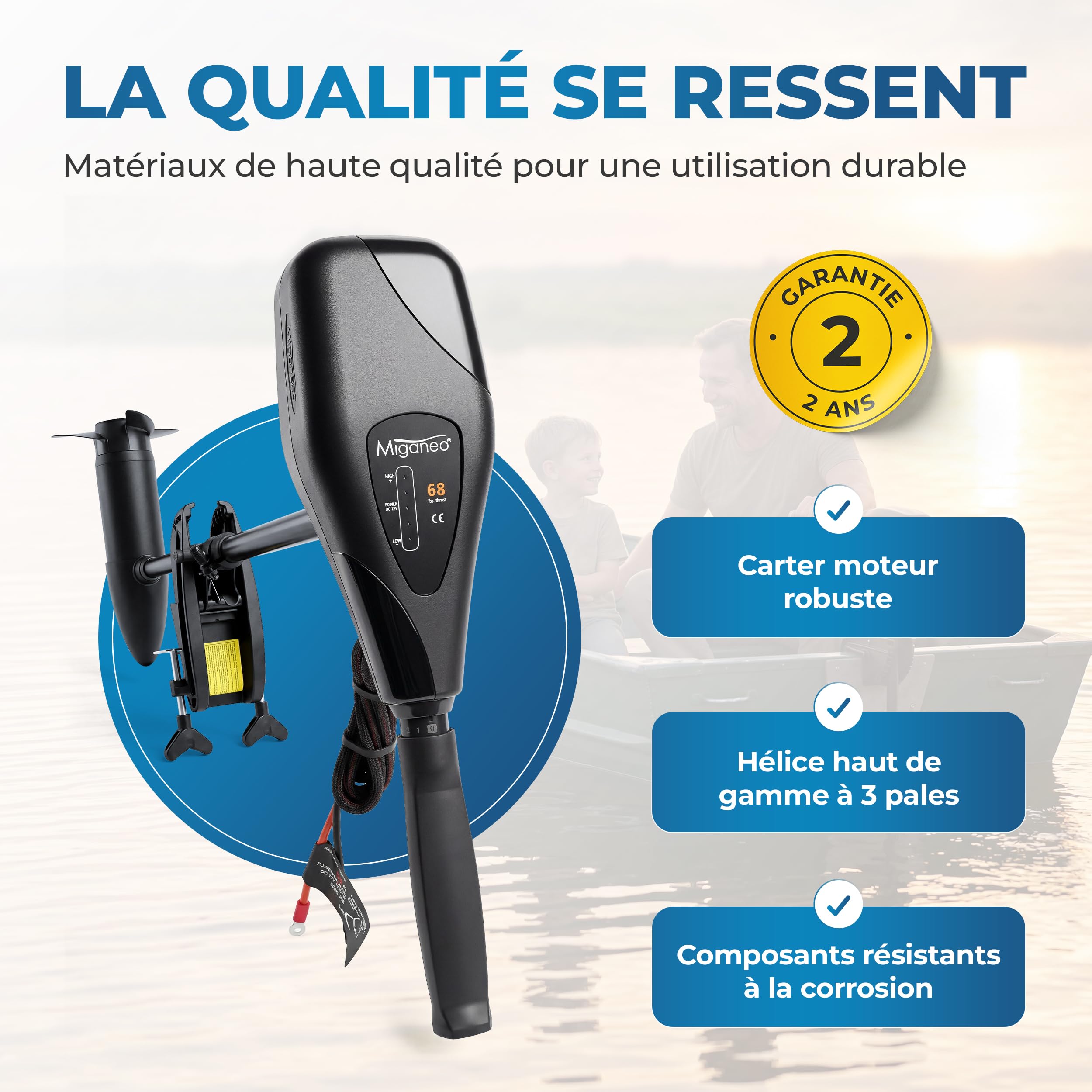 Miganeo Moteur Électrique Bateau TRS 68 lbs – Moteur Hors-Bord 768W 12V – Adapté Eau Salée avec Indicateur LED – pour Bateaux Pneumatiques – 5 Vitesses Avant & 3 Arrière