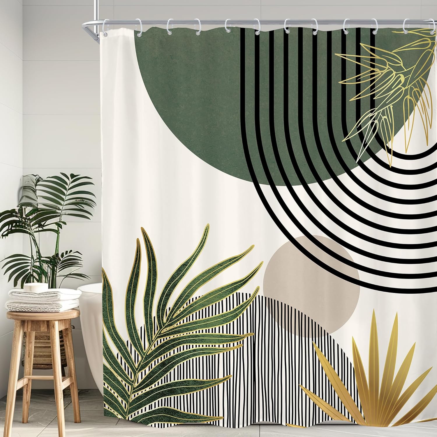 KOMLLEX Mid Century Green Boho Shower Curtain 72Wx78L Inches Abstract Modern Shower Curtains for Bathroom Gold Plant Botanical Minimalist Arch Sun Fabric Liner Waterproof Polyester 12 Pack Hooks