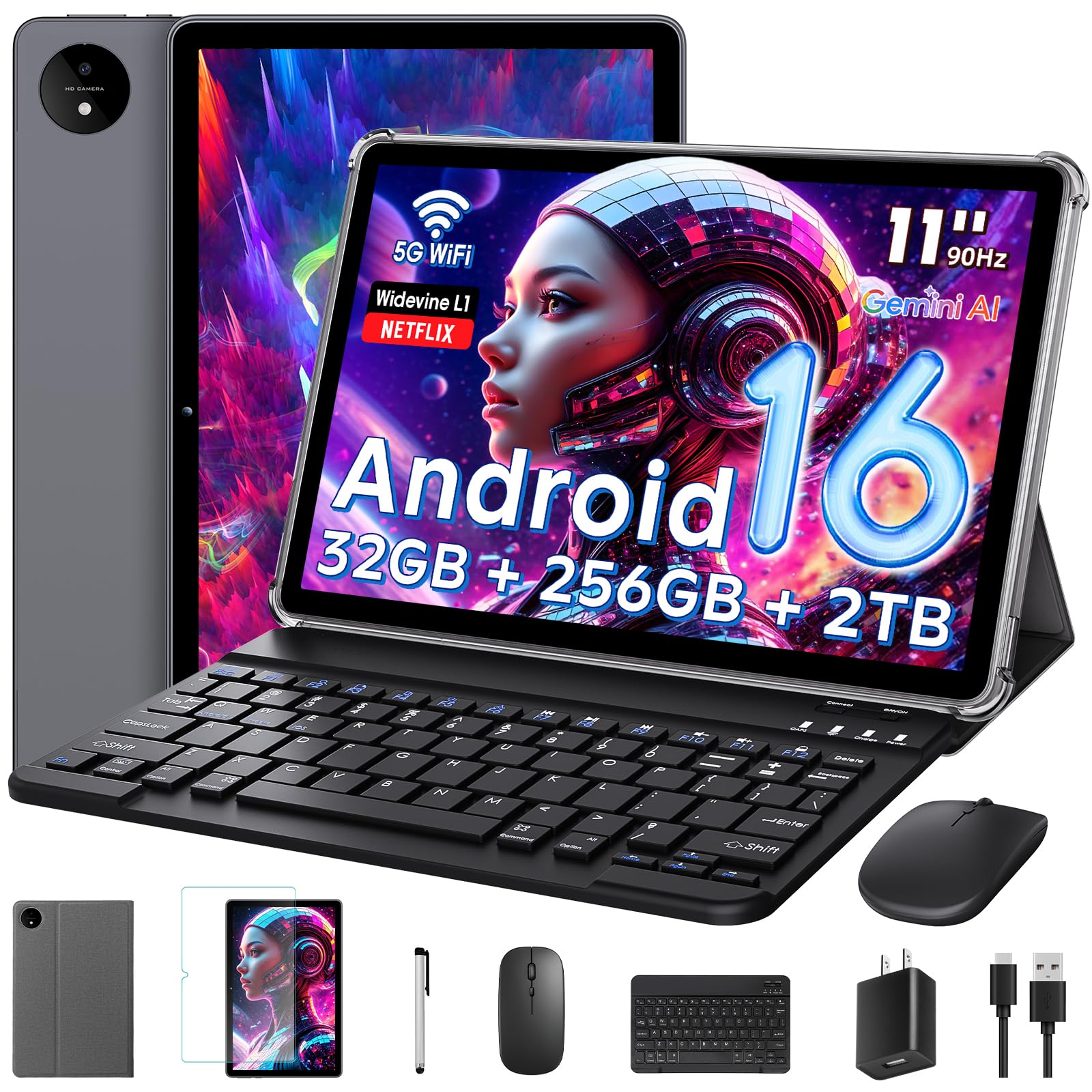 11 Pouces Tactile Android 16 Tablette avec Gemini AI|T7250 Octa-Core| 24Go RAM+256Go ROM(TF 2To)| 16MP+8MP|1920x1200 IPS HD Display|Certifié Widevine L1|GPS|8000mAh|5G WiFi|Clavier+Souris+Coque (Gris)