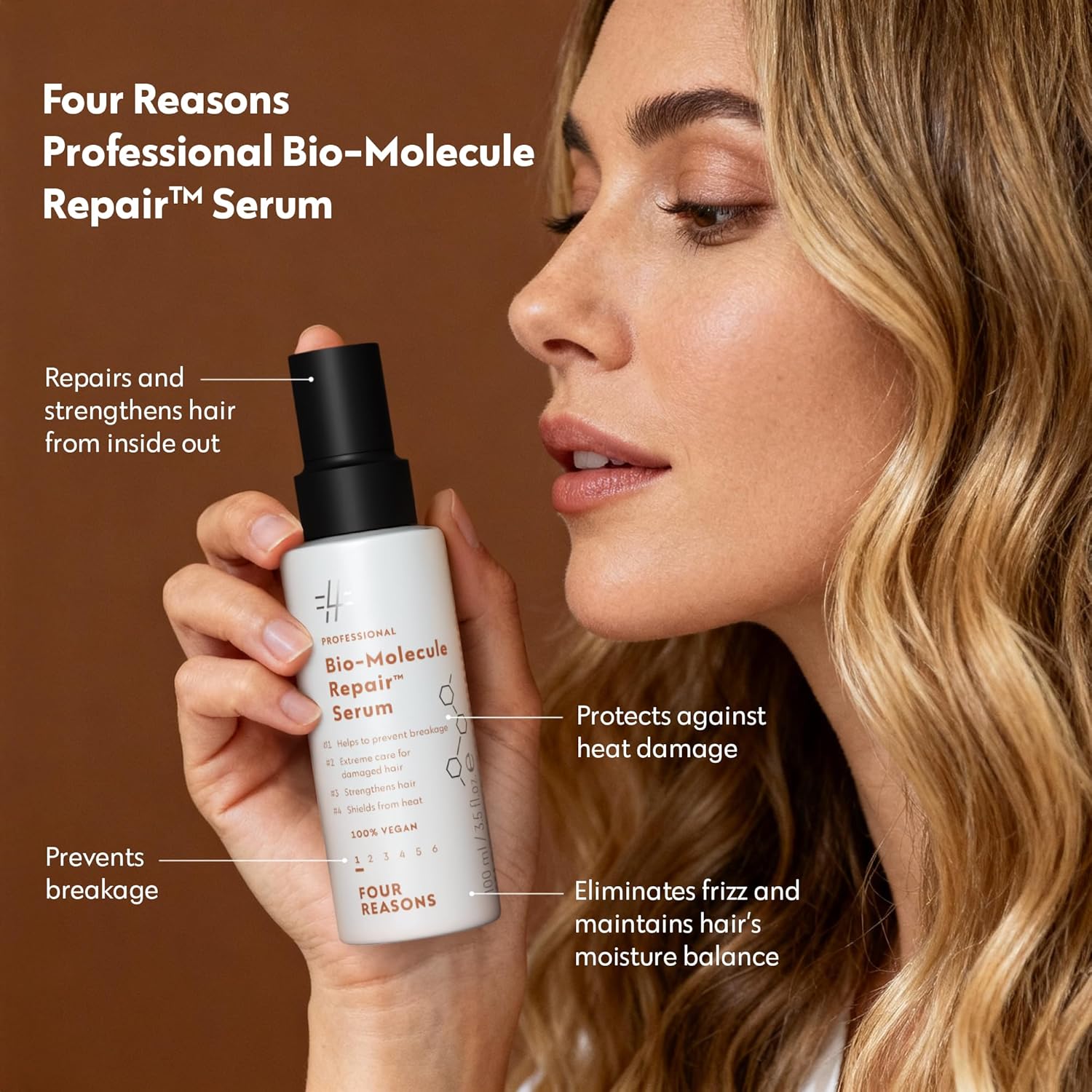 FOUR REASONS Bio-Molecule Repair Hydrating Serum – Bond Repair & Anti-Frizz Serum for Frizzy, Dry, or Damaged Hair – Lightweight Hair Oil with Heat Protectant – Vegan & Cruelty Free, 3.4 Fl Oz - Image 2