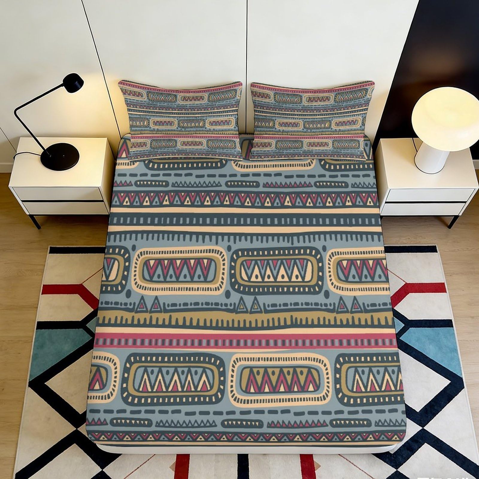 3D Printed Geometric Tribal Fitted Sheet Microfiber Soft Breathable Ethnic Aztec Mattress Cover Bedroom Decor 90x200x25cm
