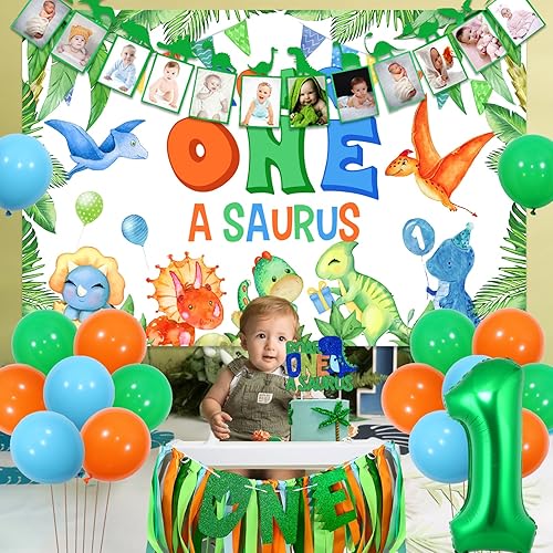 Miniatura 3 de Decoraciones de dinosaurio para el primer cumpleaños de niño  Telón de fondo de rugido, pancarta mensual de dinosaurio para fotos, decoración de