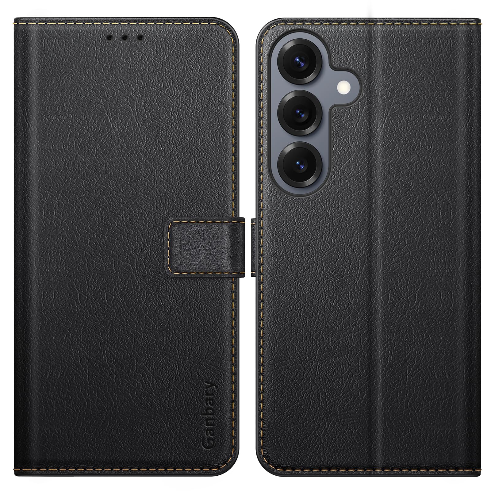 Ganbary Etui kompatybilne z Samsung Galaxy S25 FE, wysokiej jakości etui z klapką ze skóry PU do Samsung Galaxy S25 FE [pełna ochrona] [przegródki na karty] [podpórka], czarne