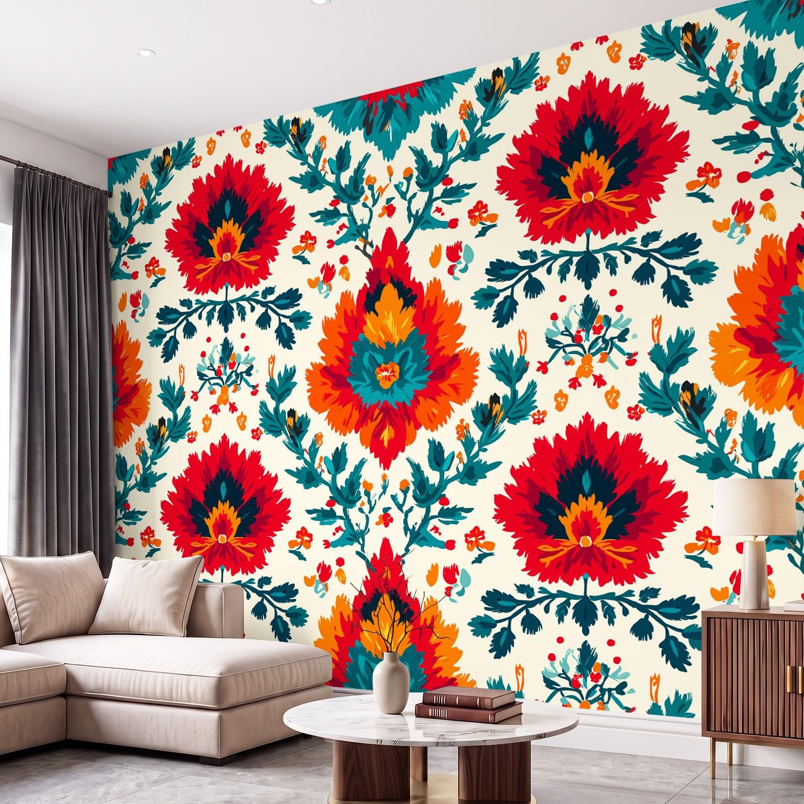 Générique Tapeta w stylu boho, vintage, botaniczna panoramiczna tapeta kwiaty, liście do salonu sypialnia olbrzymia salon, do salonu sypialnia dekoracja ścienna