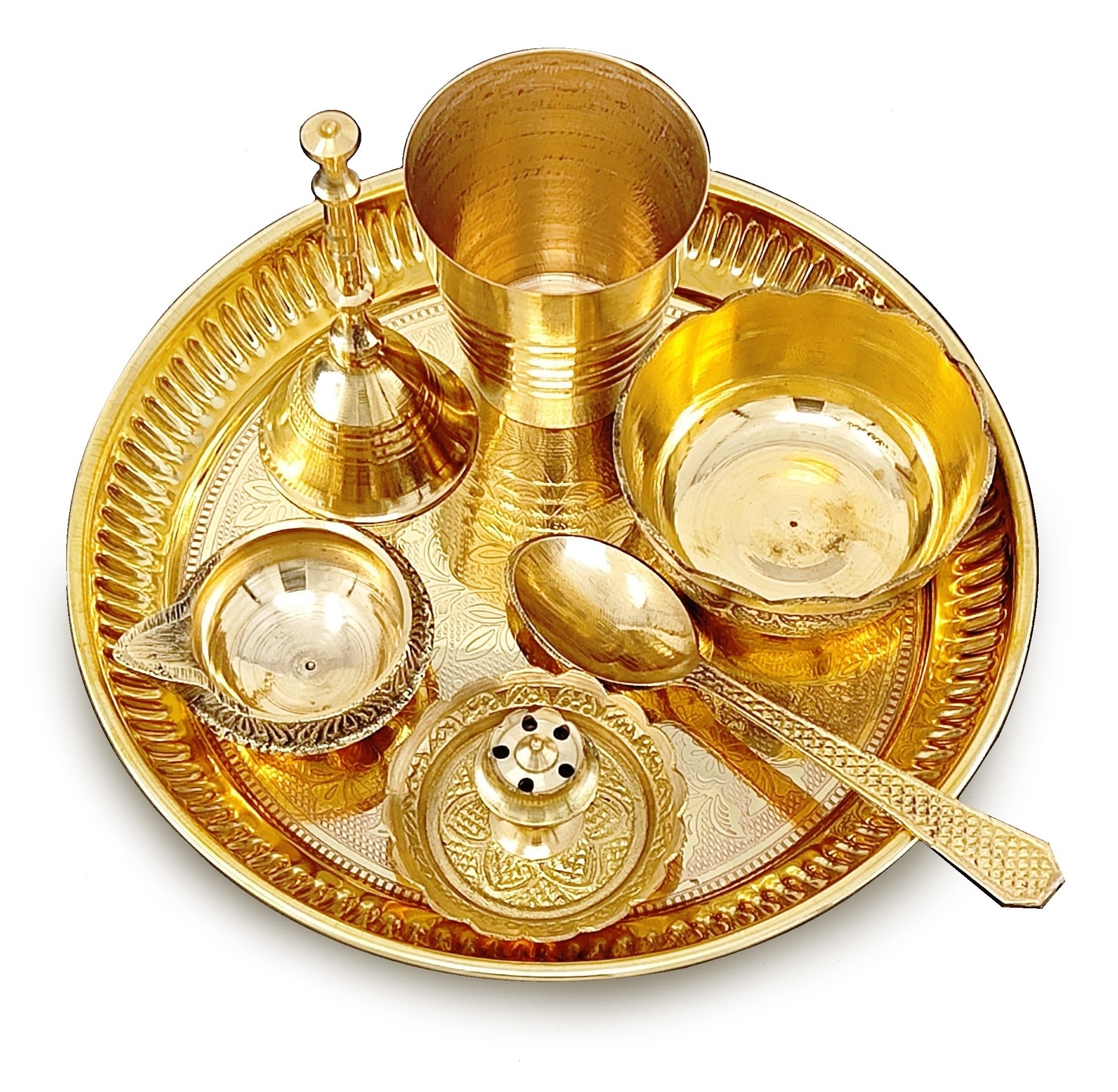 BENGALEN Brass Pooja Thali Set 6 Inch Puja Thali with Pital Plate Glass Bowl Spoon Dhup Dan Kuber Diya Ghanti Arti Thali for Diwali Home Office Mandir Wedding Return Gift Items