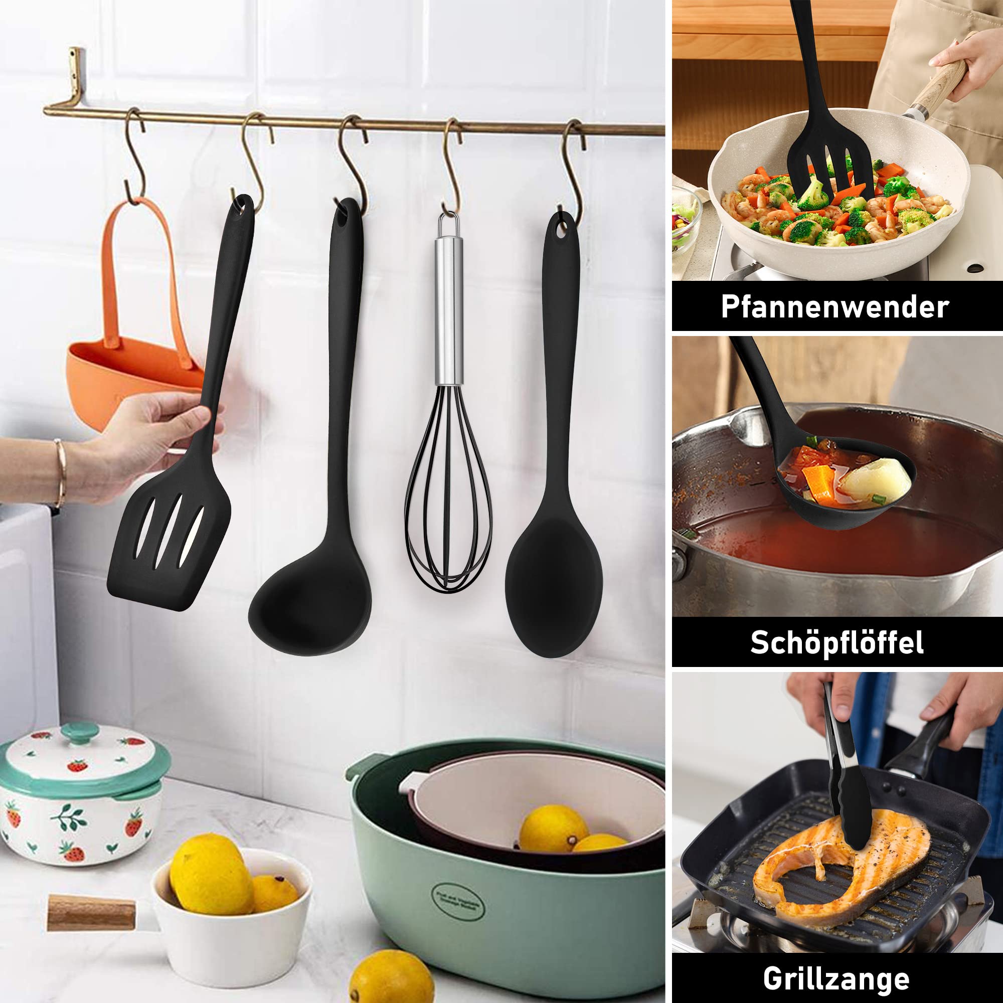 Küchenhelfer Set, Joyfair 9 Stück Schwarz Küchenutensilien Silikon, Hitzebeständiges Kochutensilien Kochgeschirr Set mit Pfannenwender Schneebesen Grillzange, Antihaft Kochbesteck zum Kochen & Backen