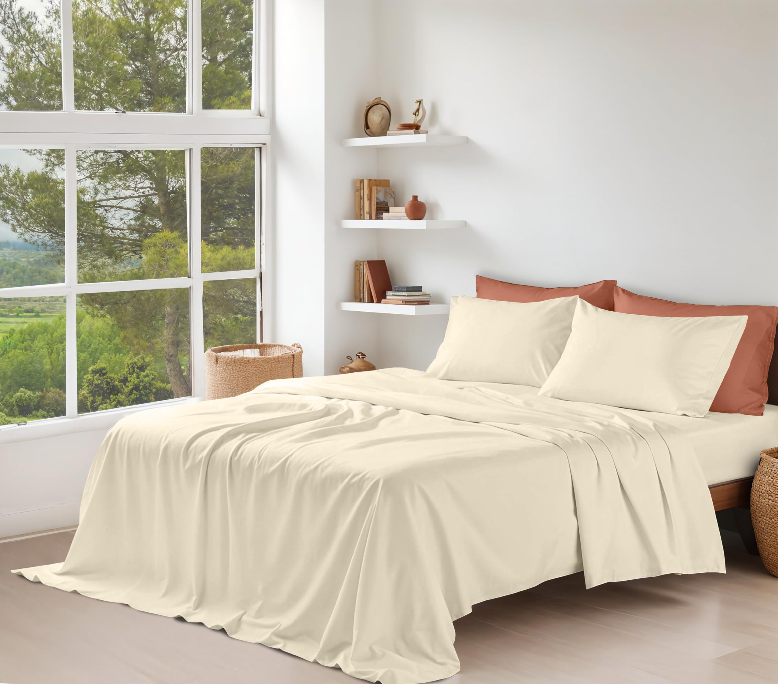 Ruvanti Set di lenzuola in 100% cotone biologico per letto matrimoniale, 4 pezzi, biancheria da letto in percalle morbido e traspirante, con tasca profonda standard alberghiera da 40,6 cm, sensazione