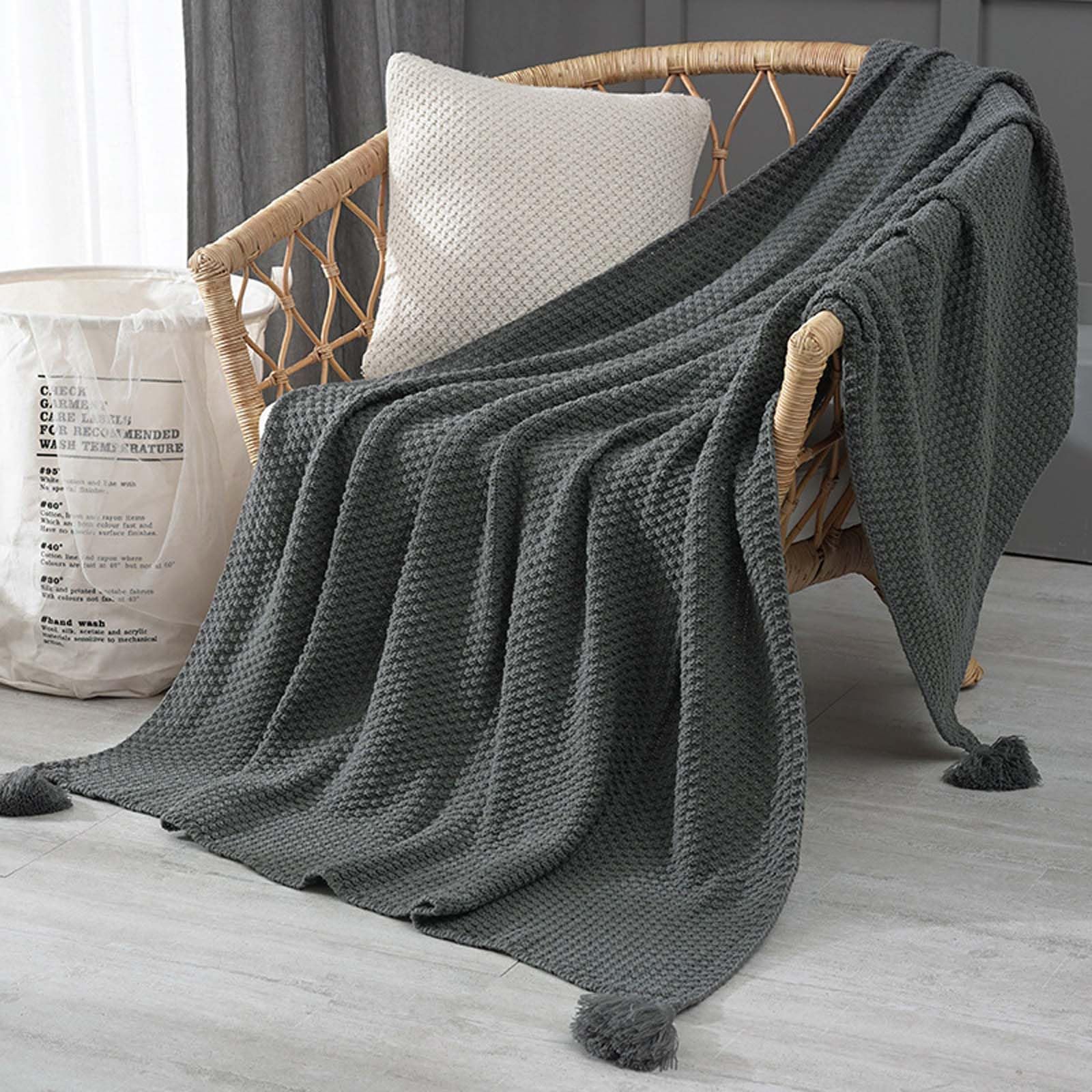 Coperta in maglia a nido d'ape, sciarpa da letto in acrilico, da viaggio, morbida maglia per tutto l'anno, 130 x 230 cm, con nappe decorative con pompon, 8 tonalità di terra solida per