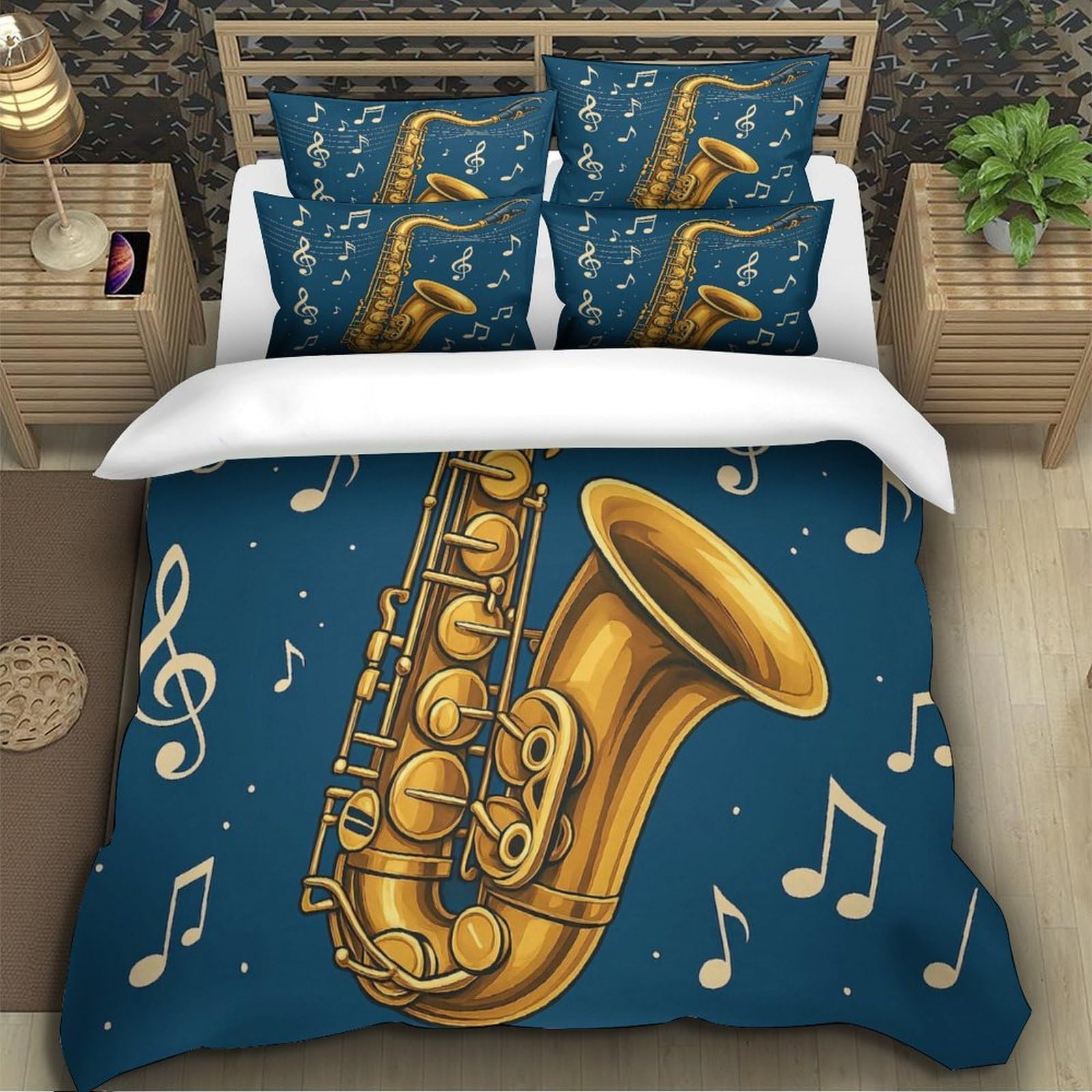 Set Copripiumino Musica Sassofono Stampa 3D Moderna Microfibra Camera Letto Decorazione Morbida Jazz per Adulti Giovani Super king（260x220cm）