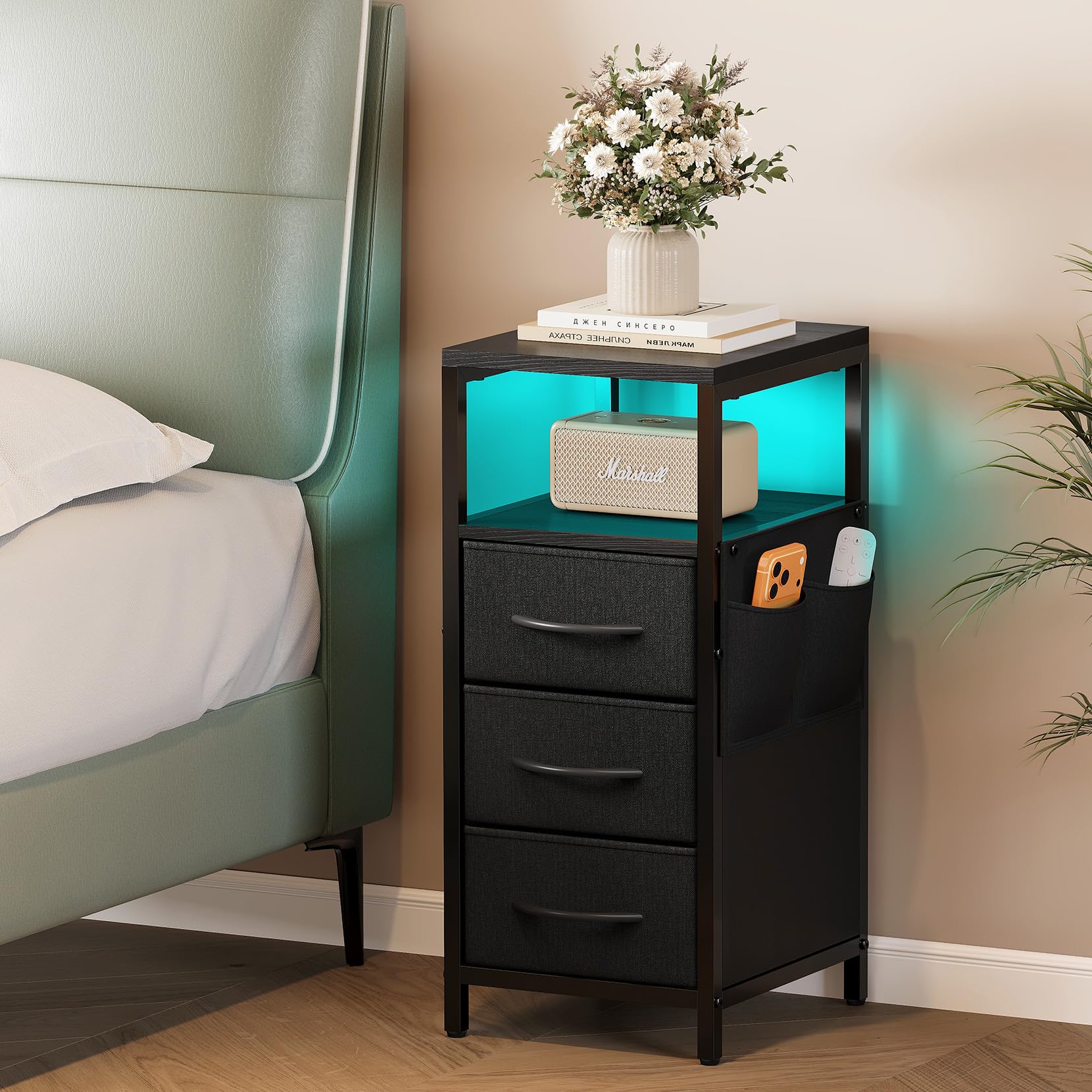 Dripex Bedside Table with LED Lights, Nightstand with 3 Fabric Drawers and Metal Frame, Slim Bedside Cabinet with Open Storage Shelf, Side Table for Small Spaces, Bedroom, Living Room (Black)