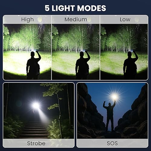 Miniatura 4 de LED recargable 90,000 linternas de alto lúmenes, paquete de 2 luces de flash superbrillantes con 5 modos, linterna de mano de alta potencia para el