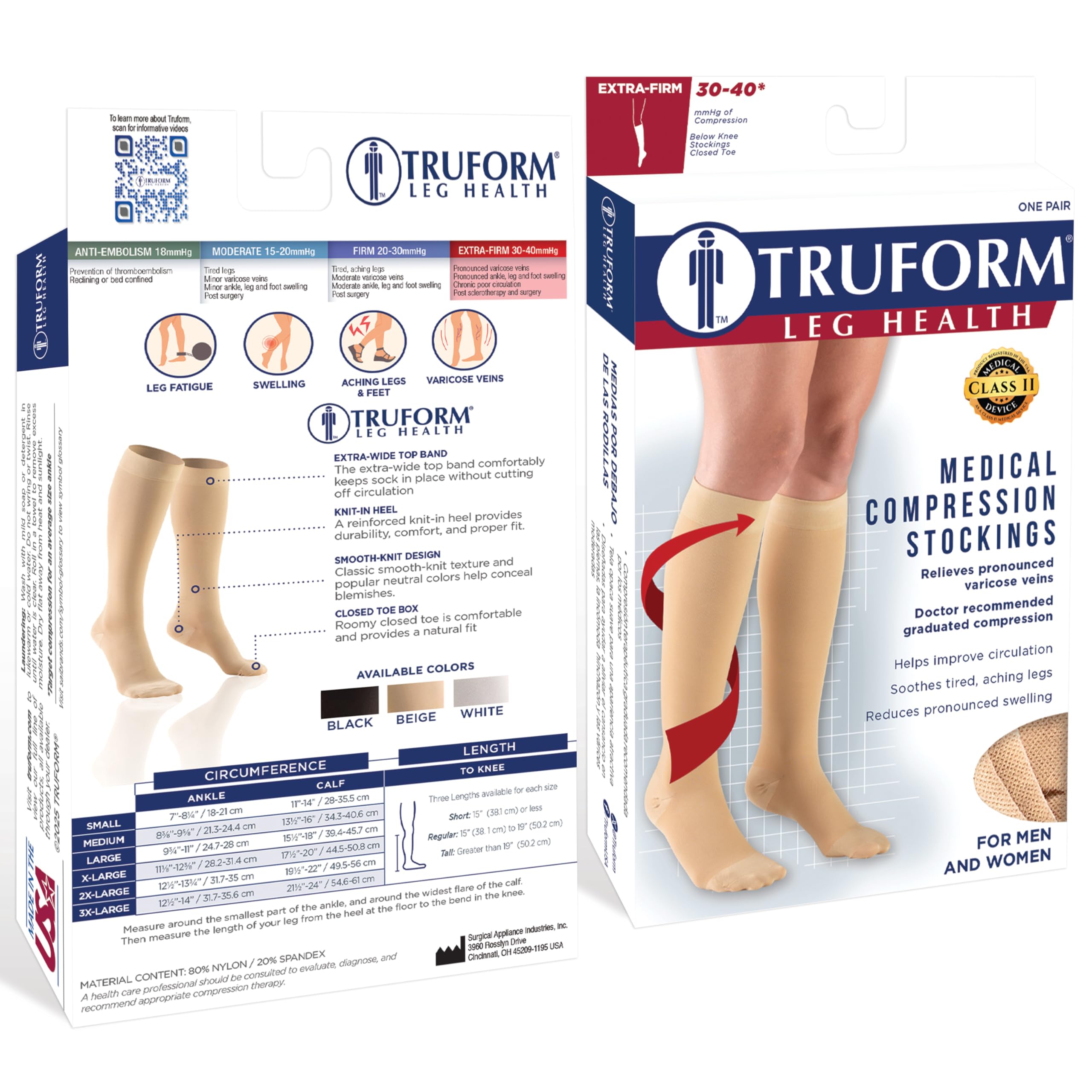 Truform 8845, Compression Stockings, Below Knee, Closed Toe, 30-40 mmhg, Black, Medium