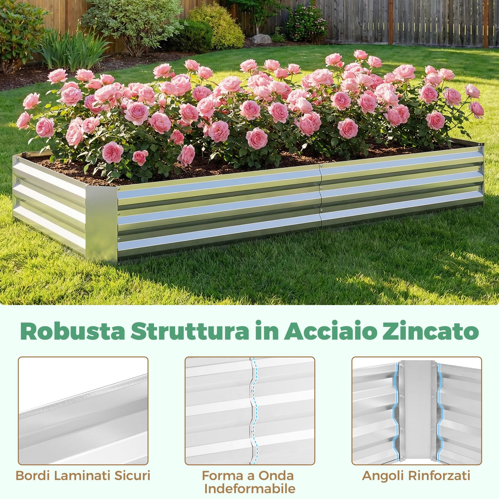 COSTWAY Orto Rialzato Zincato con Serra, Aiuola Senza Fondo con Copertura Trasparente, Fioriere con Finestre Avvolgibili per Giardino e Terrazzo (202 x 101 x 81 cm)