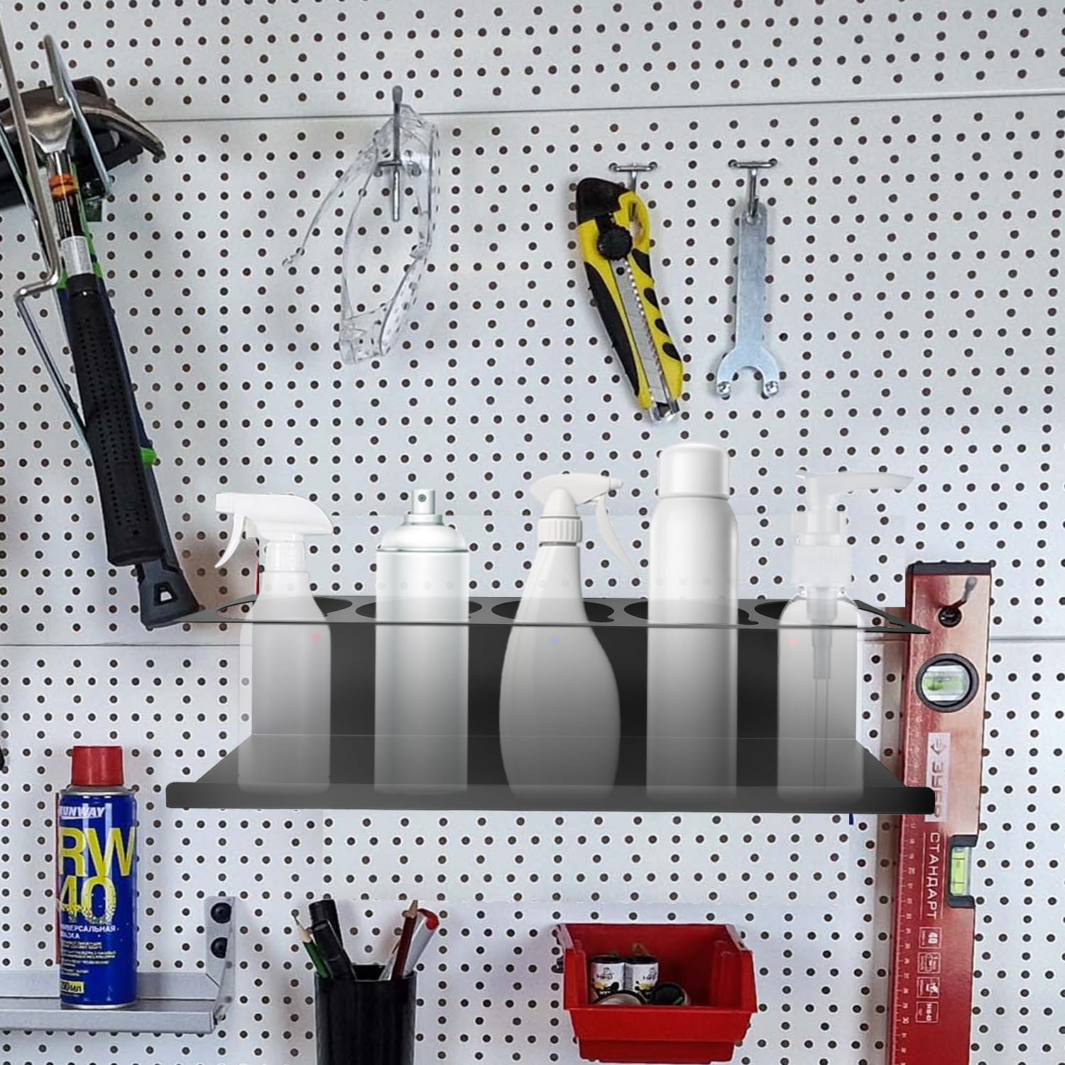 2 Pezzi Porta Bombolette Spray Set, Portaugelli con Tubi di Espansione e Viti, Portabottiglie in Acciaio al Carbonio, Adatto per Caravan, Garage, Sale Attrezzi (42 × 9 × 10 cm) (Nero)