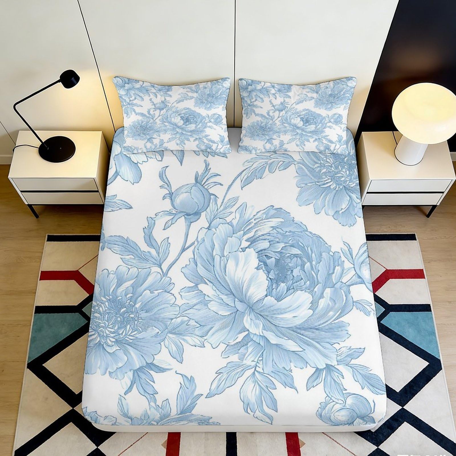 3D Printed Blue Peony Pattern Fitted Sheet Microfiber Soft Floral Mattress Cover Anti-Slip Machine Washable for Bedroom Guest Room 160x200x25cm