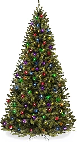 Best Choice Products Árbol de Navidad preiluminado de 9 pies, árbol artificial con bisagras de abeto con 900 luces LED multicolores, puntas de rama