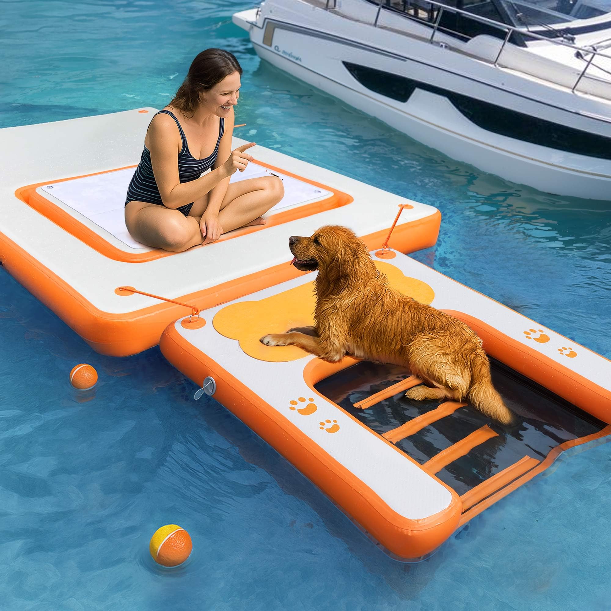 VOFiTNY Rampa da piscina per cani fino a 90,7 kg, 2025 nuove rampe per cani con cuscinetto antiscivolo in EVA e scala per pesi, gradini per cuccioli per piscina/barca/pontile/mare, dock arancione per