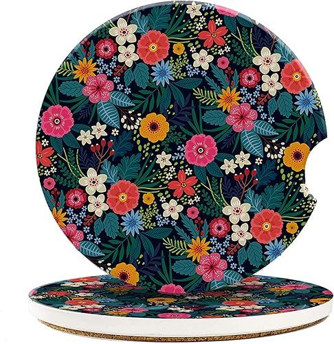 Posavasos de automóvil para portavasos de automóvil, diseño vintage de flores coloridas de cerámica, base de corcho antideslizante, 2 unidades,