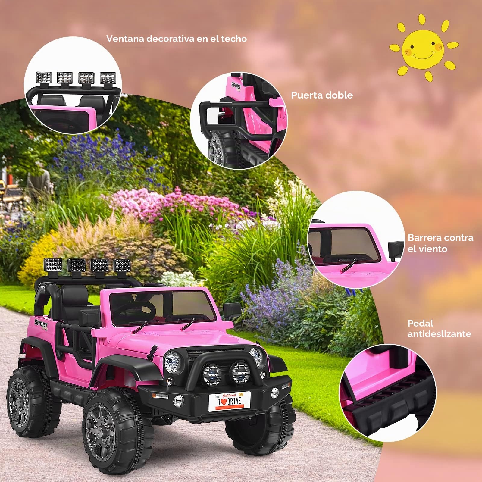 GOPLUS Coche Eléctrico para Niños, Batería 12V con 2 Plazas, Mando de 2,4 GHz a Distancia Música Faros, Puerta de Doble, Suspensión Amortiguadora, Velocidad Ajustable, Carga 50kg, 123x80x80, Rosa