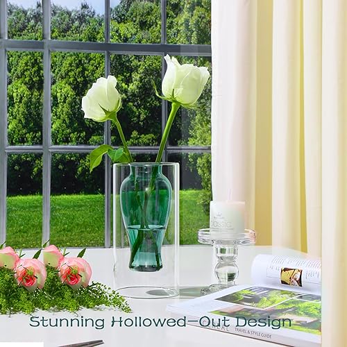 Miniatura 3 de ZENS Florero pequeño único, moderno florero decorativo flotante, jarrón de vidrio verde doble hueco, florero soplado a mano para ramo pequeño del