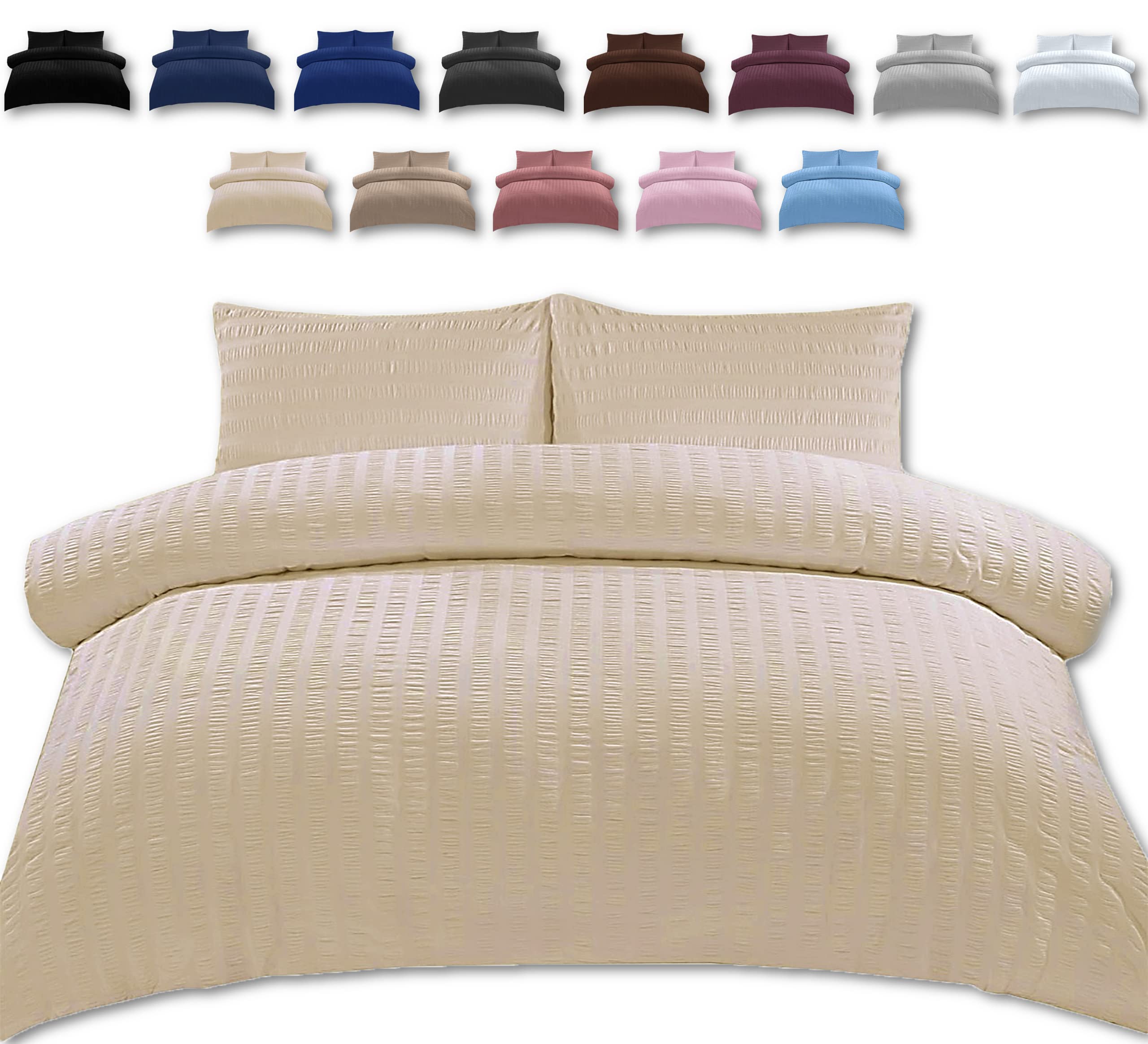 TheWhiteWater Single Bed Duvet Set - 2 in 1 Seersucker Bedding Set - Single Duvet Cover + Matching Pillowcase - Natural Cotton + Virgin Polyester (Cream, Single - Duvet Cover ONLY)