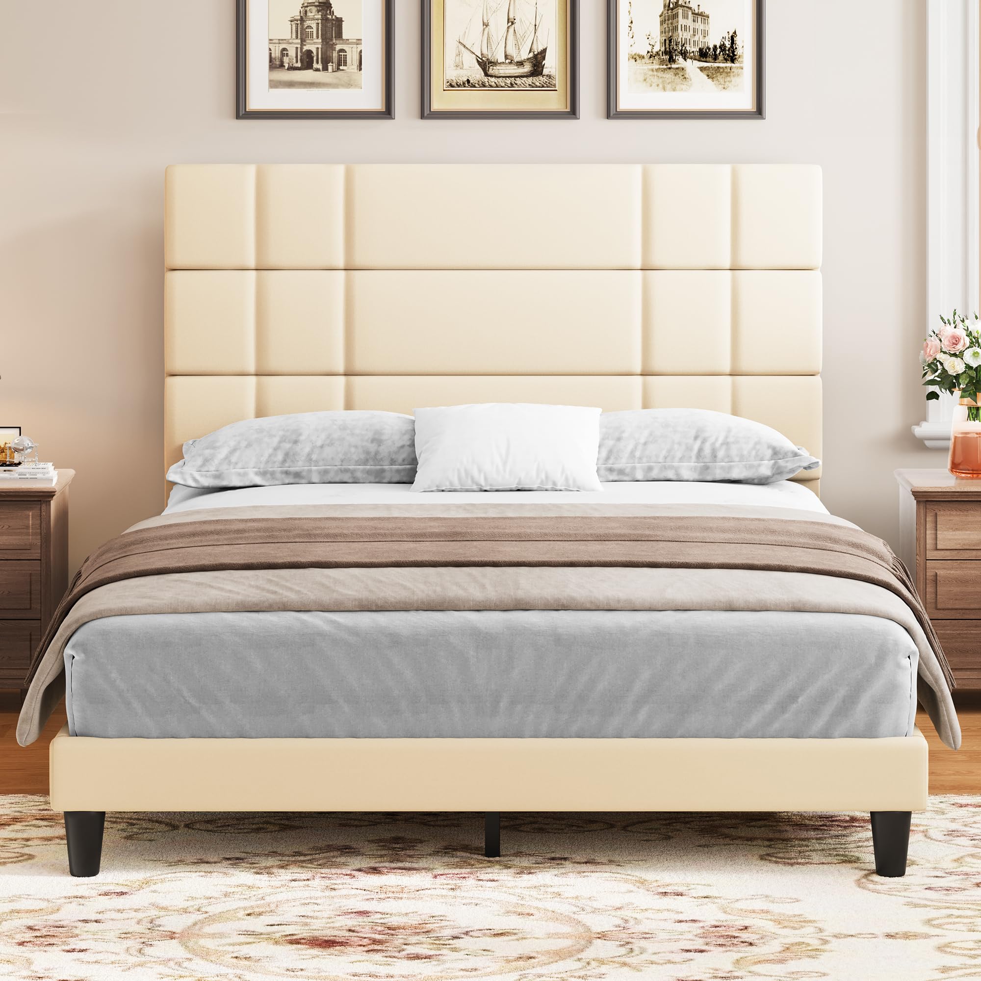 DWVO Queen Bed Frame Linen Fabric Upholstered Platform with Headboard and Strong Wooden Slats, Non-Slip and Noise-Free,No Box Spring Needed, Easy Assembly,Beige