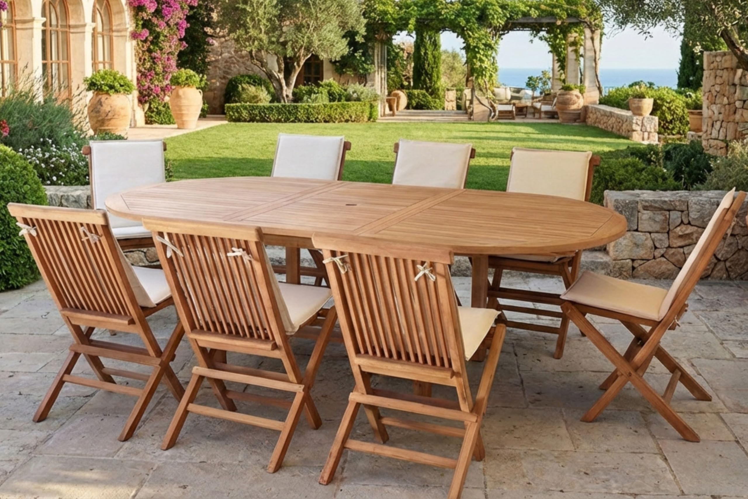 Gruppo Maruccia - Set Tavolo da Giardino 8 Posti in Legno Teak Allungabile con Sedie, Tavolo Pranzo Esterno per Terrazzo e Giardino