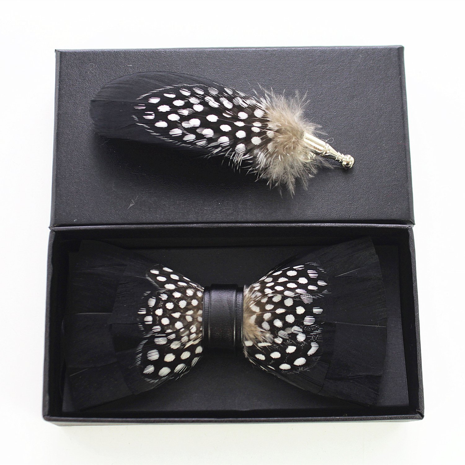 Natural Feather Handmade Pre Tied Bow Tie And Brooch Sets  display picture 1
