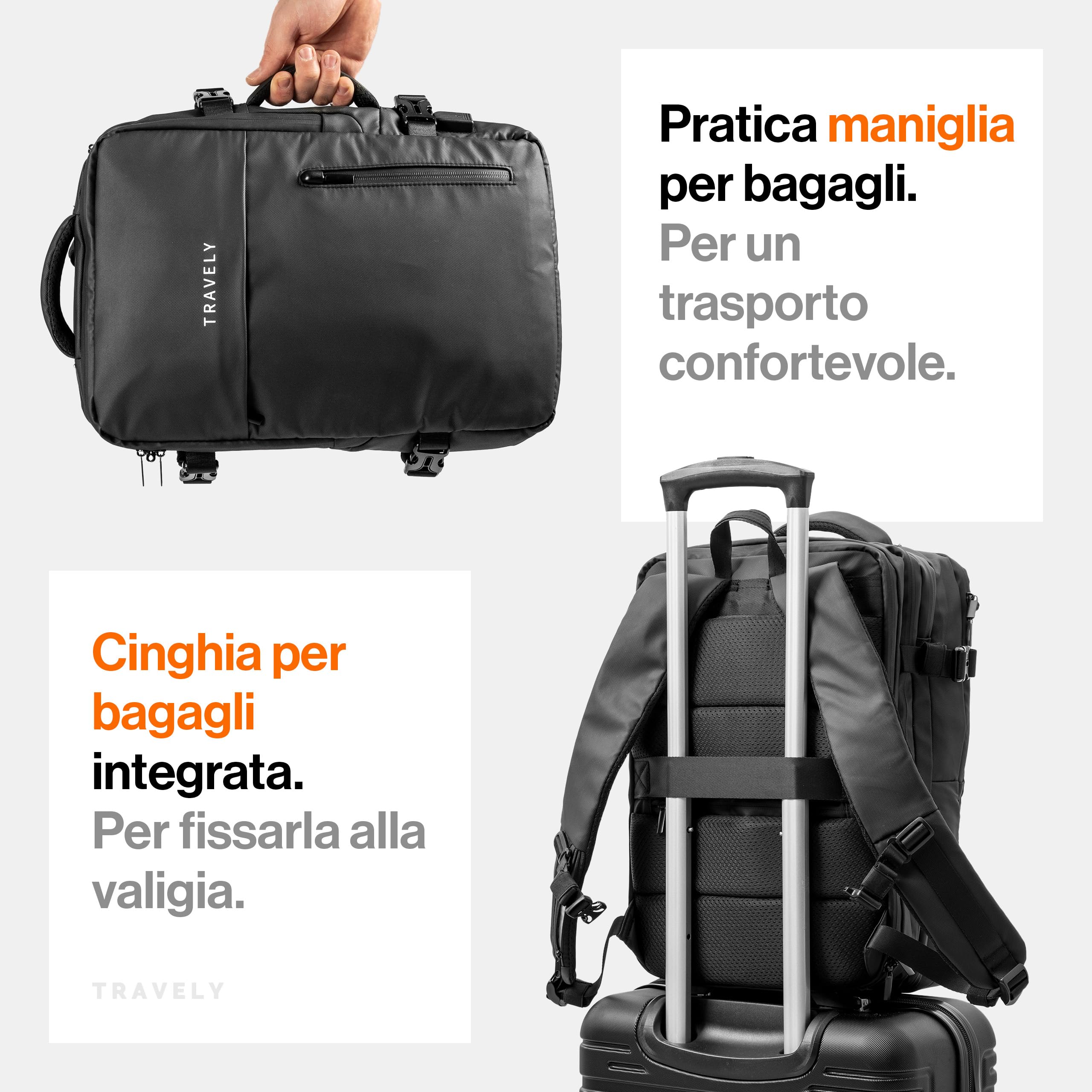 Travely Zaino Viaggio 20-40L Espandibile e Impermeabile 45x30x12-26cm - Valigia, Travel Backpack, Antifurto, Capiente, Grande, Nero