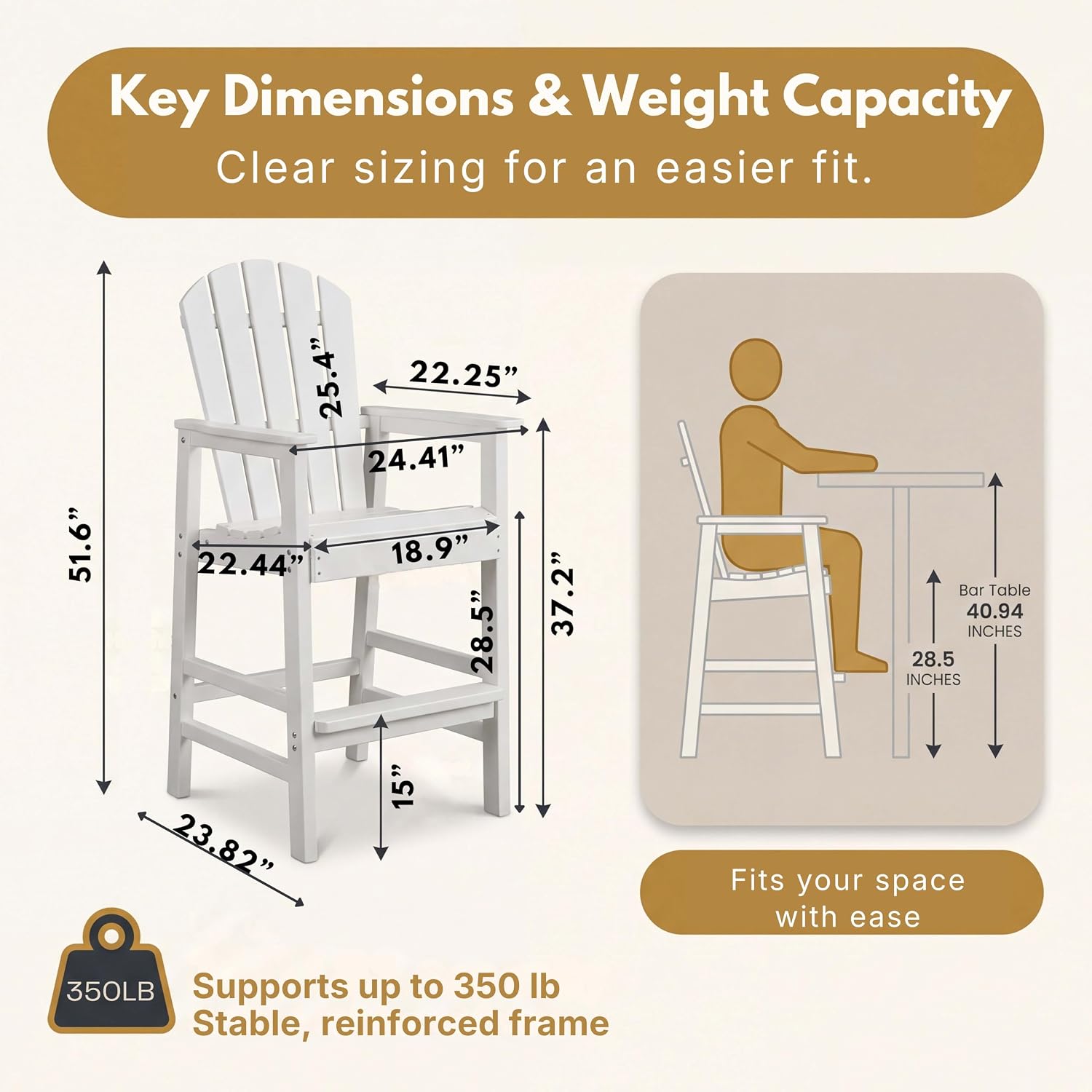 WILLIAMSPACE Patio Bar Chair Bar Stool, Outdoor All Weather HDPE Height Adirondack Chair with Armrests & Cup Holder, 1-Piece Counter Height Chair for Pool, Garden, Kitchen, ONLY Chair (White)