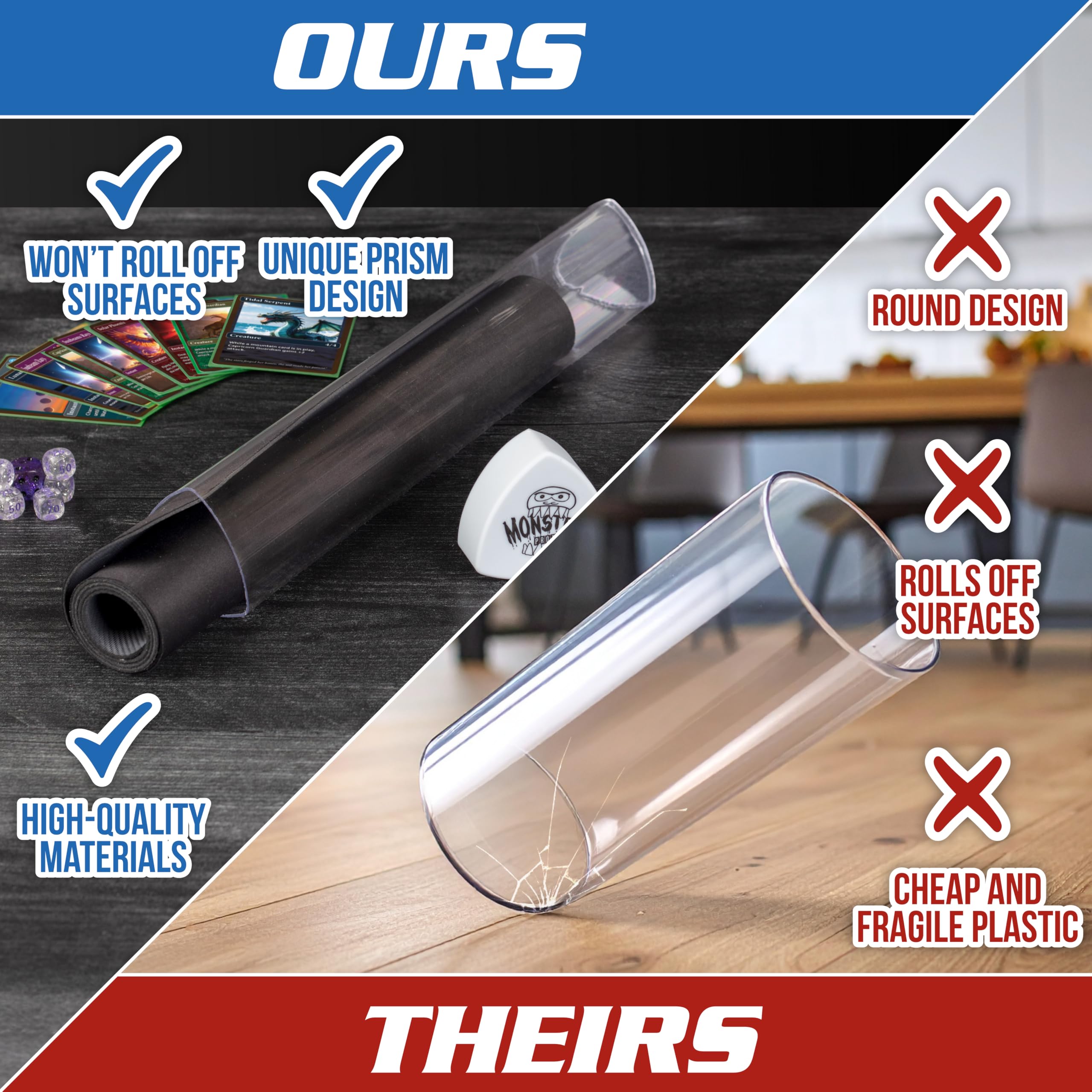 Playmat Tube - Monster Protectors Prism-shaped Play Mat Tube - Won't Roll Off Surface and Easy in and Out Design