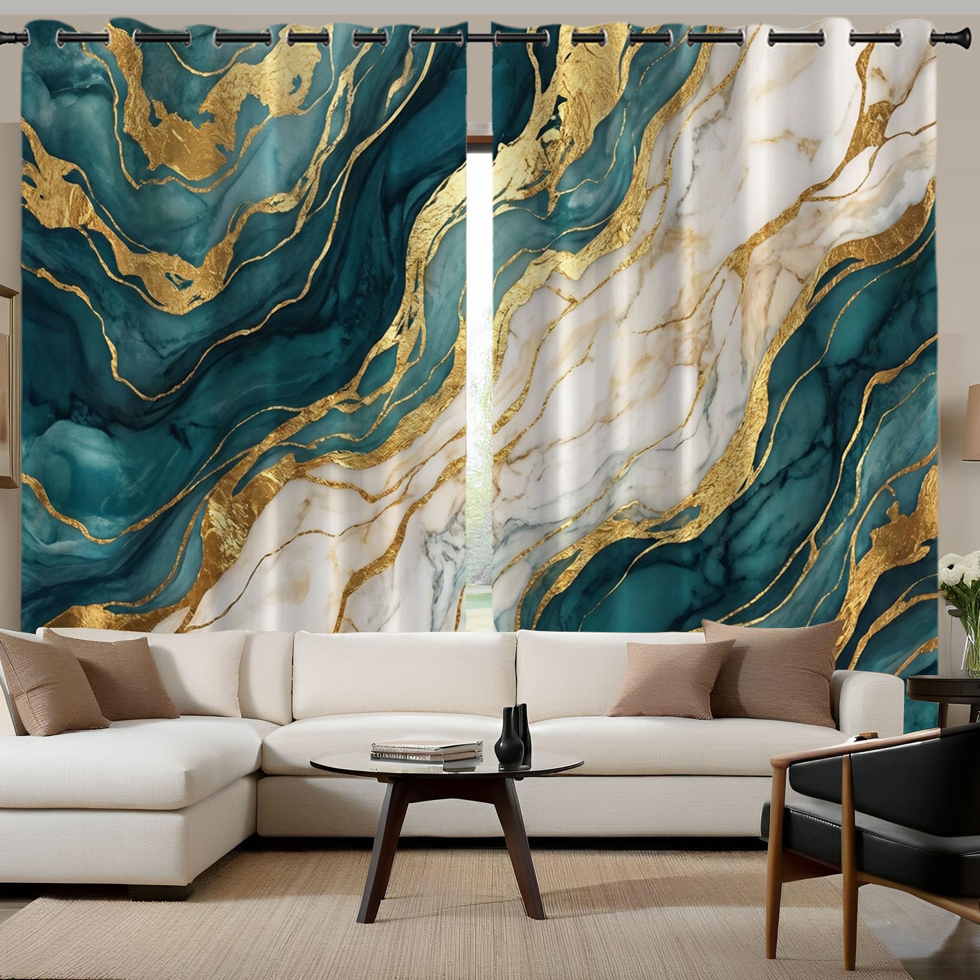 Rideau à oeillets haut de gamme marbre doré et vert style moderne