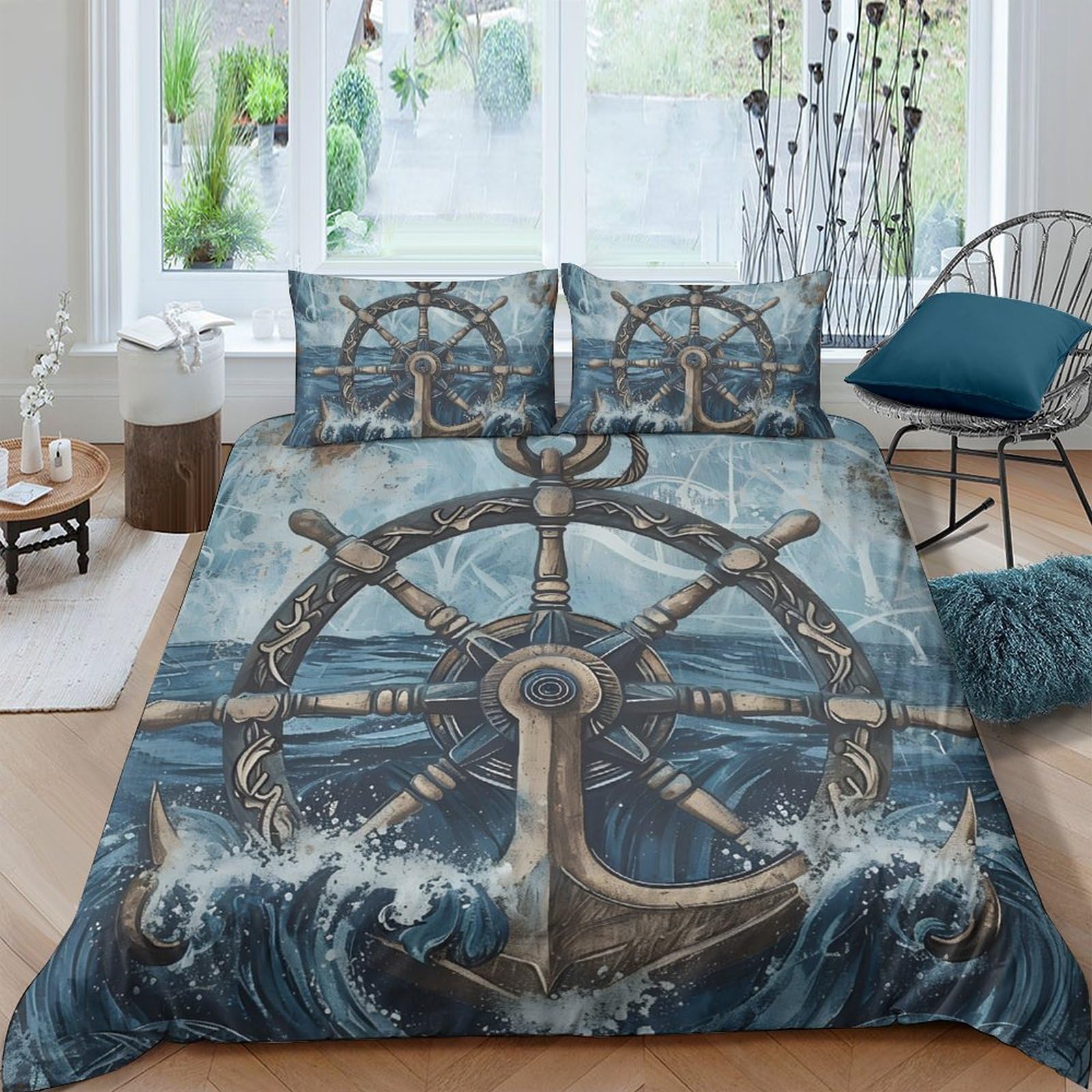 Ctjqhvkz Style-10 3D Printed Nautical Anchor Fitted Sheet Microfiber Ocean Wheel Bed Cover For Bedroom Guest Room Mattress Protection Single（135X200cm）