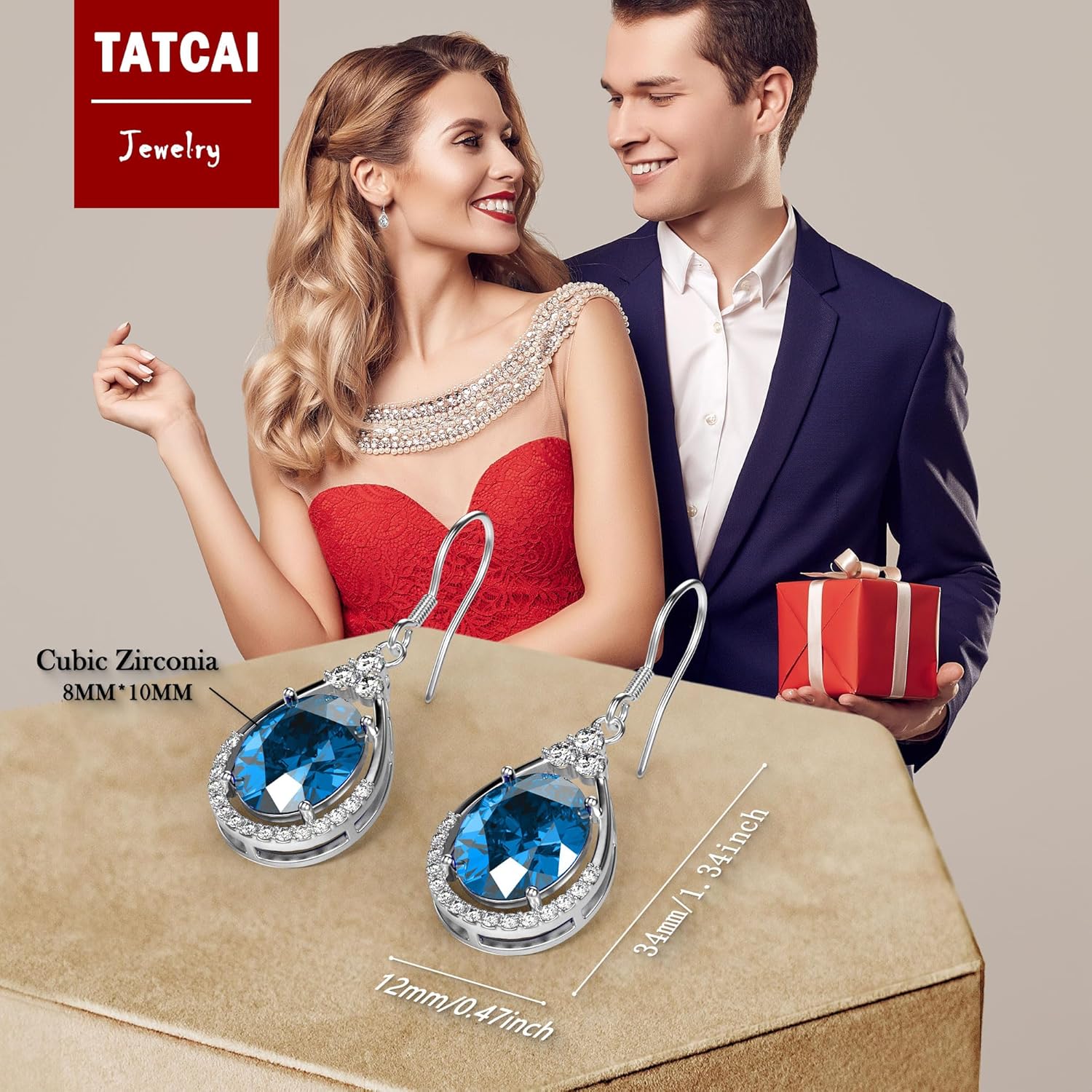 18K White Gold Plated Sterling Silver Oval Cut Cubic Zirconia Drop Dangle Earrings for Women Hypoallergenic Statement Earrings Gifts for Women Mom (Aquamarine) - Image 2