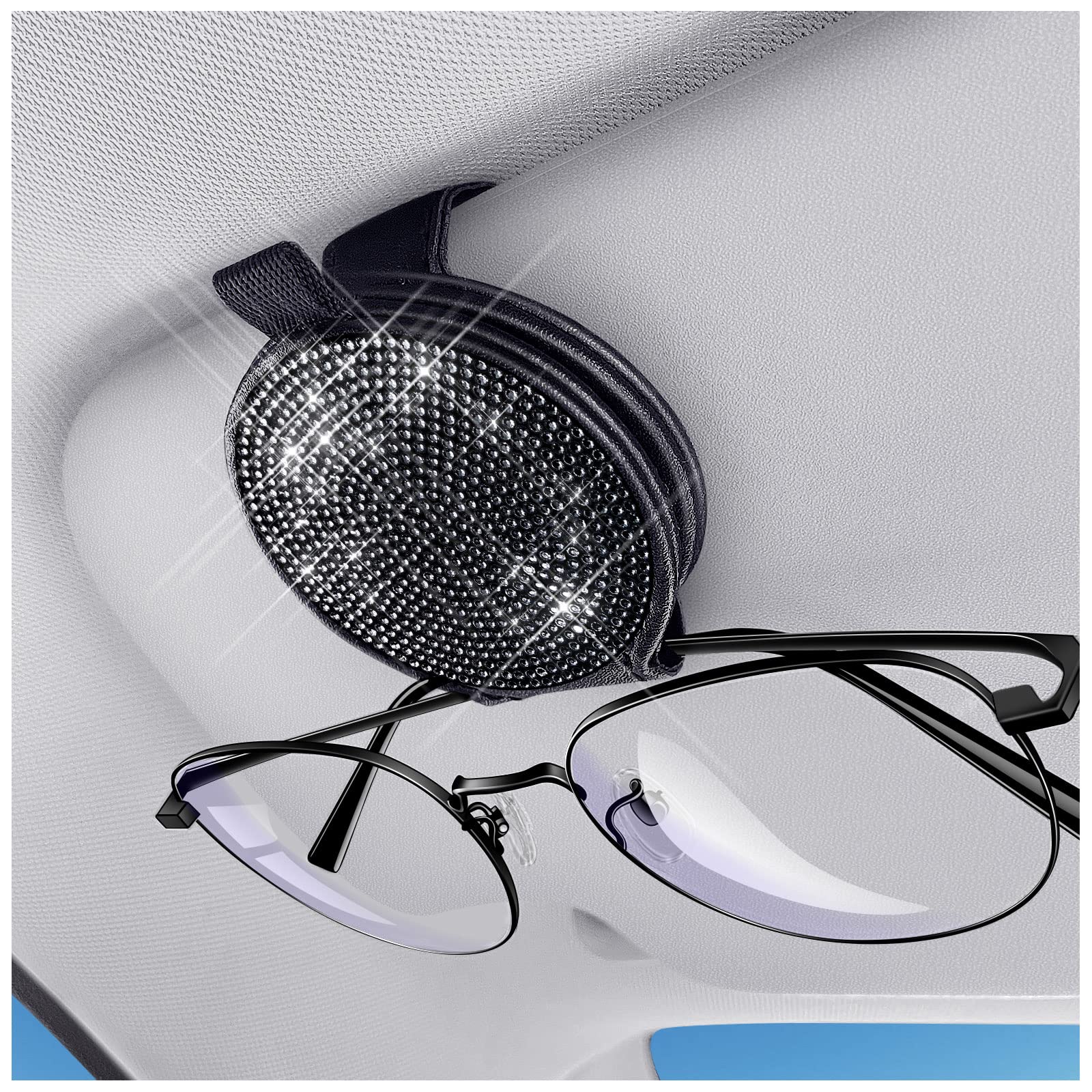 Murimt Bling Rhinestones Diamond Sunglass Holder for Car Visor, Magnetic Sunglasses Clip for Car Accessories for Women and Girl, Leather Car Sunglass Holder, Car Visor Sunglasses Car Clip（Black）