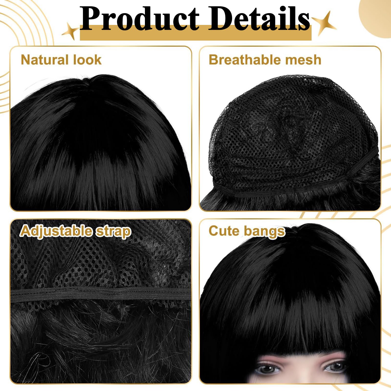 Black Wig for Women Black Bob Wig with Fringe Straight, Natural Looking, Natural Synthetic Fiber Wig - Image 3