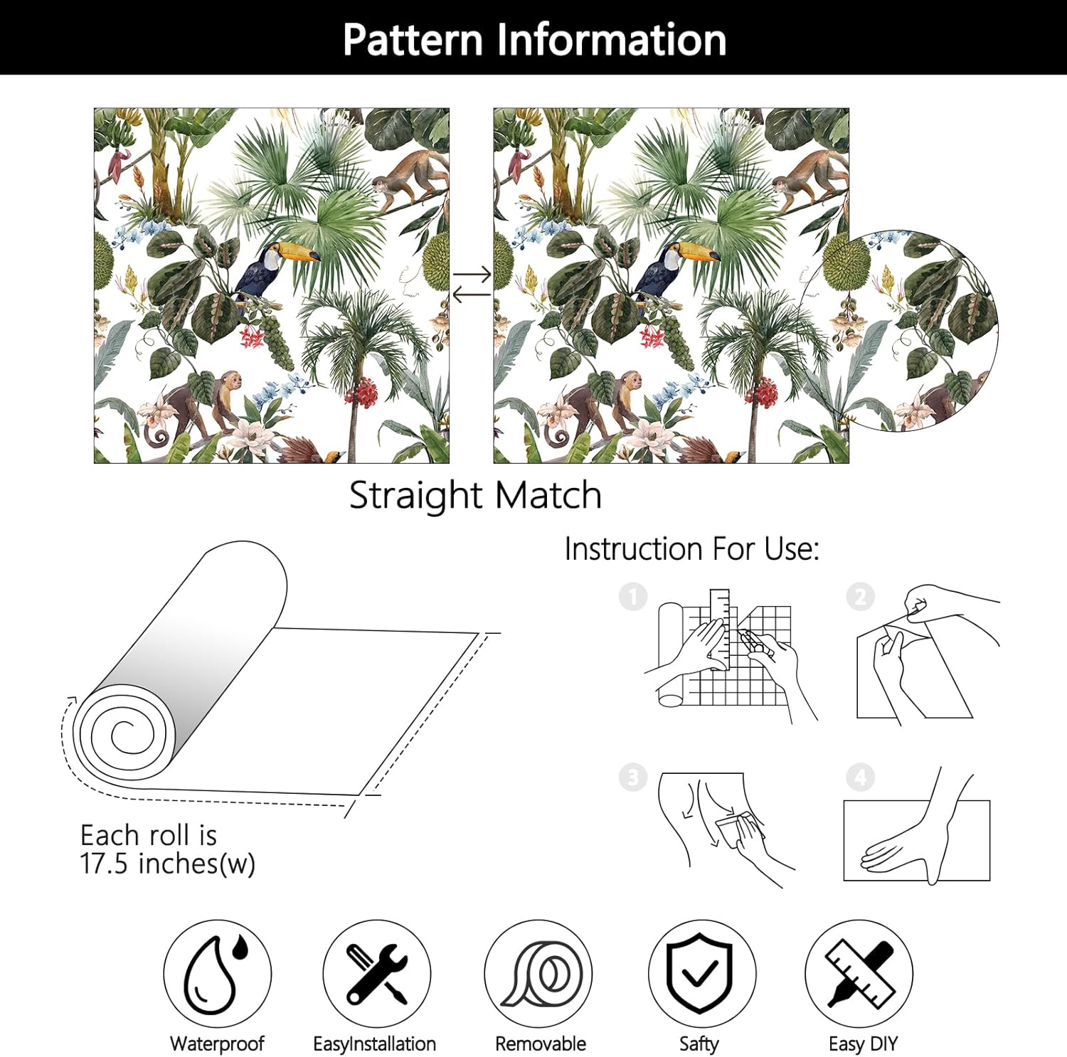 YENHOME Zoo Wallpaper 17.7"X276" Jungle Animal Print Wallpaper Stick and Peel for Kitchen Bathroom Removable Monkey & Bird Animal Wall Paper Self Adhesive Green White Contact Paper for Cabinets Walls