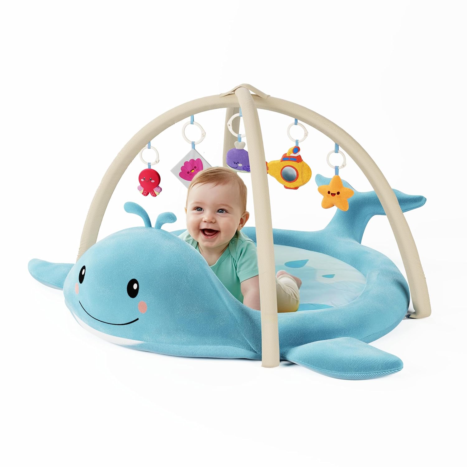 Baby Play Mat, Whale Tummy Time Mat with Toys, Baby Activity Gym for Infants 0–12 Months – 100% Cotton Sensory Floor Mat for Boys & Girls