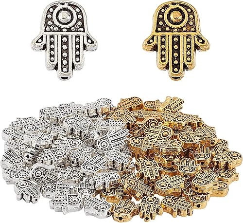 Miniatura 1 de SUNNYCLUE 1 caja de 100 cuentas de mano de Hamsa de 2 colores, aleación de mano de Fátima Miriam, espaciador suelto, dijes de cuentas de chakra,