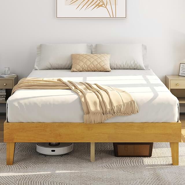 12 White Wall Bedroom Ideas for a Bright Airy Look 4 Yaheetech Queen Bed Frame Natural Solid Wood Platform Bed with Wooden Sl...