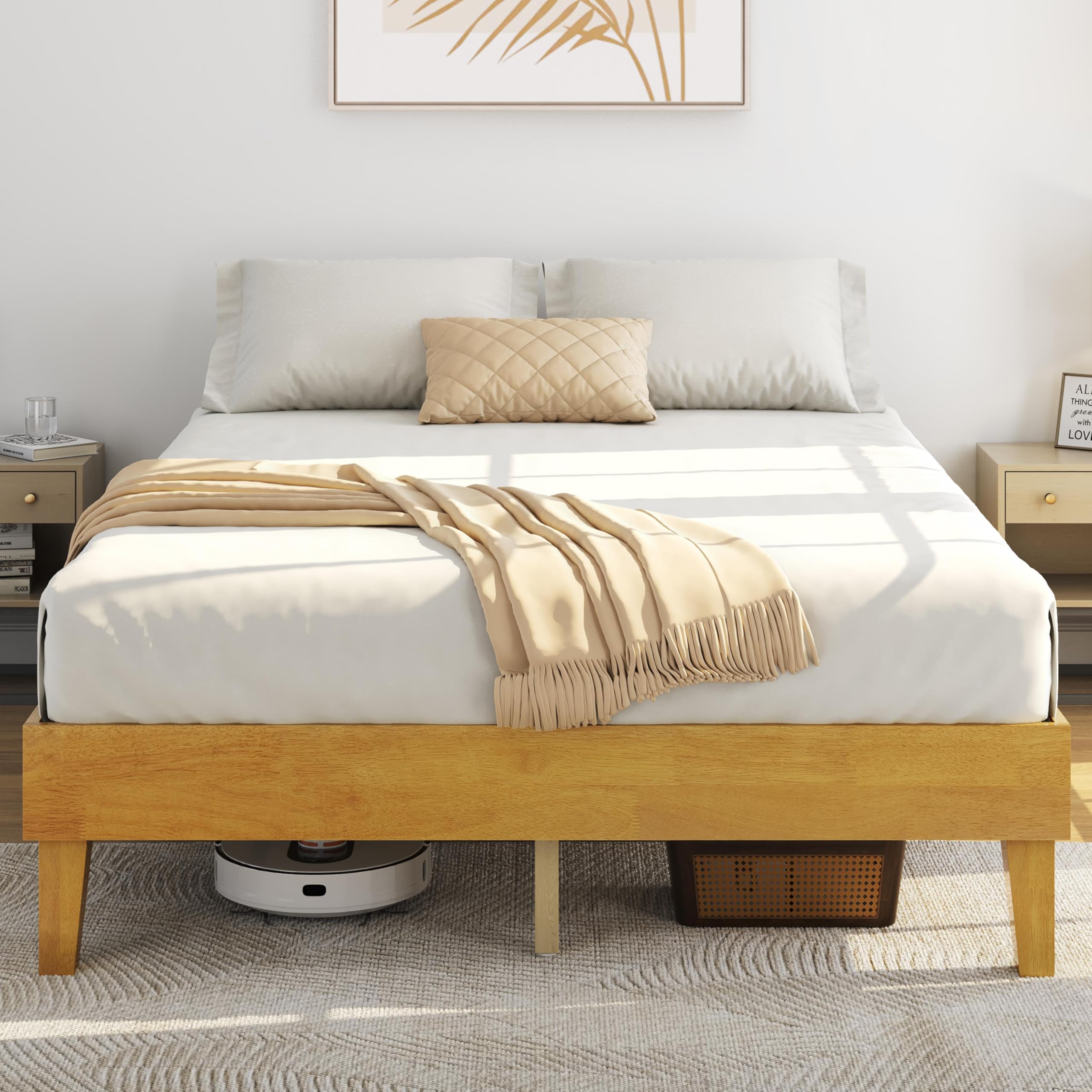 Yaheetech Queen Bed Frame Natural Solid Wood